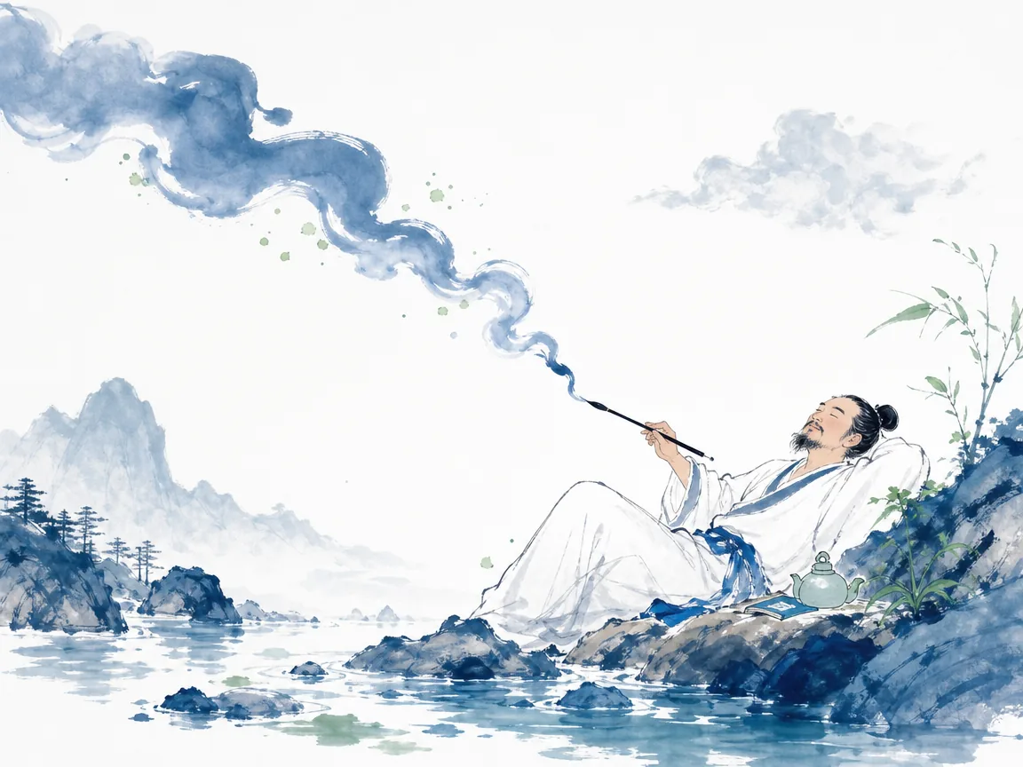 Unconstrained poet reclining comfortably beside a clear mountain stream watching drifting clouds with brush suspended in hand in contemporary literati Chinese ink wash in Prussian blue and sage green with ample white negative space, illustrating spontaneous creative flow and the Daoist principle that art emerges naturally through inner alignment on ChiDestiny