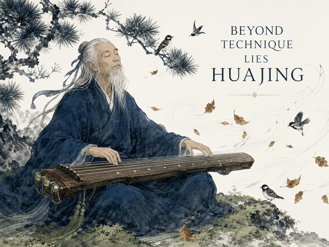 Tranquil elderly musician playing a wooden Guqin with closed eyes, his effortless touch creating harmonious invisible sound waves causing perched birds and swirling leaves to dance in deep Prussian blue robes, soft sage green moss, and generous negative space, illustrating the realm beyond technique (Huajing), where technical exertion dissolves into spontaneous cosmic music on ChiDestiny