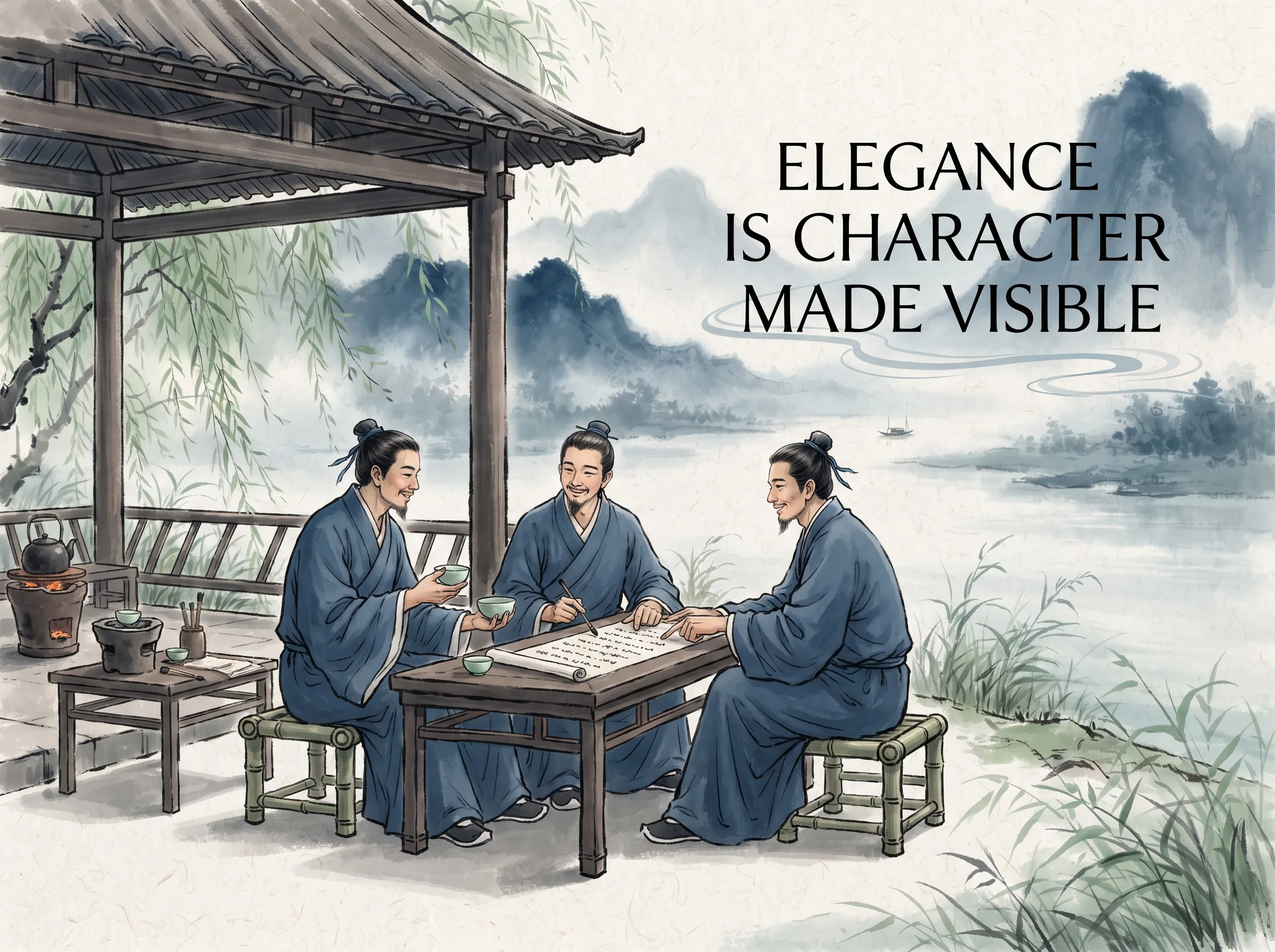 three literati companions gathered at a riverside pavilion sharing handwritten poetry scrolls and tea without pretense, their expressions relaxed and humble, authentic joy uniting them in contemporary literati Chinese ink wash in deep Prussian blue and sage green with ample Xuan paper negative space, illustrating elegance is character made visible, embodying 审美第四层'雅'的生命修养：琴棋书画不再是炫耀标签，而是文人洗涤心灵、涵养德行、与三五同道以诗相知的人格流露 on ChiDestiny