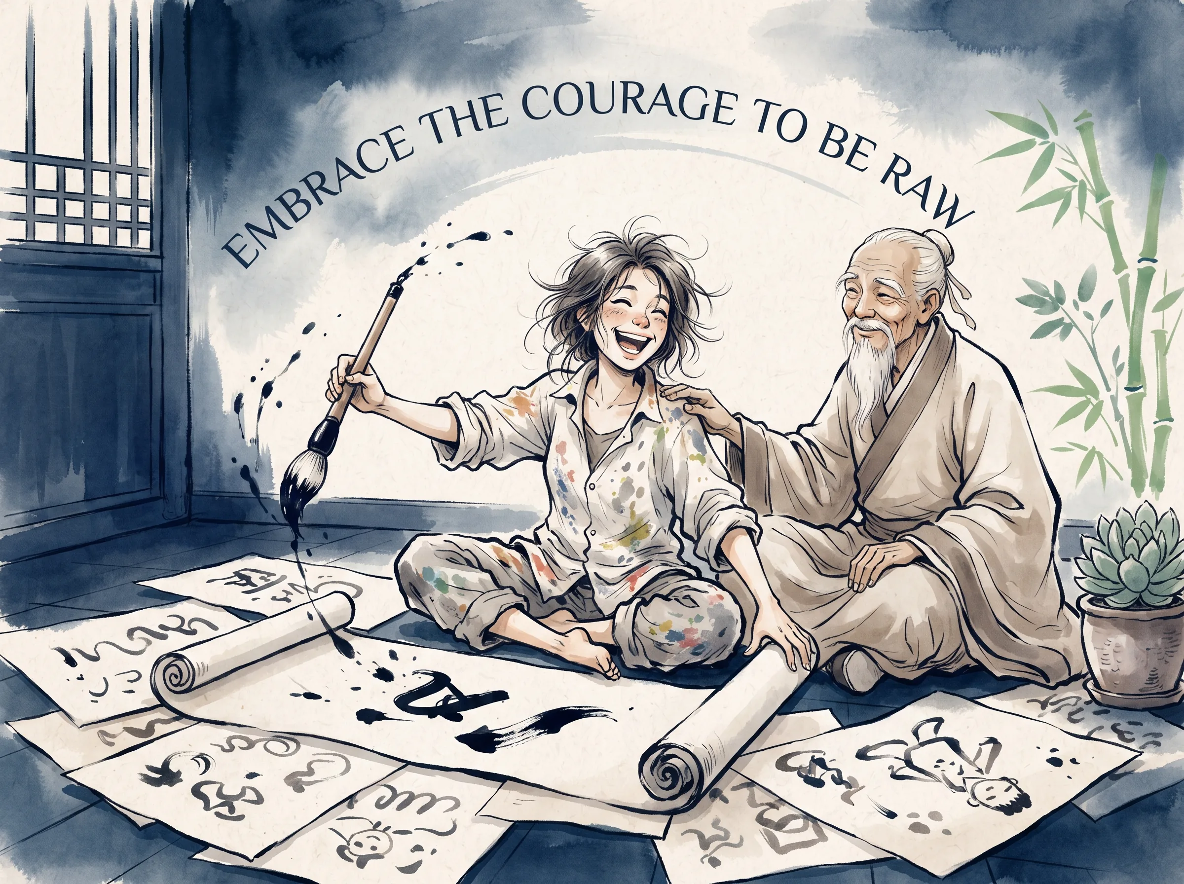 an adult artist laughing freely on a paper-strewn floor, painting with loose, uncalculated brush gestures like an innocent child under the warm guidance of an ancient sage looking on proudly in contemporary literati Chinese ink wash in deep Prussian blue and sage green with ample Xuan paper negative space, illustrating embrace the courage to be raw, embodying 放下心机计巧，接纳笨拙之勇：像孩童一样蘸墨信手涂鸦，不求迎合世人称赞，在坦荡的拙朴中找回创造最初的欢喜 on ChiDestiny