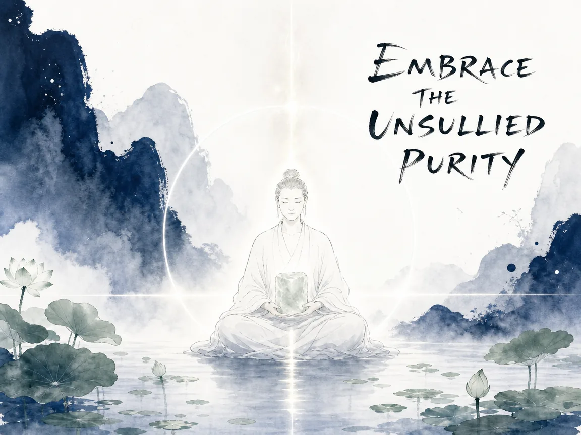 a luminous figure seated in perfect quietude holding a uncarved block of crystal jade, its spirit radiating fourfold clear energy connecting heaven and earth without tension or exhaustion, deep Prussian blue framing ink gradients in contemporary literati Chinese ink cartoon style with Prussian blue ink wash, sage green accents, and Xuan paper negative space, illustrating embrace the unsullied purity, embodying 纯白不隳，精神四达并流，无所不极，上际于天下蟠于地，抱神以静的纯素真人境界 on ChiDestiny