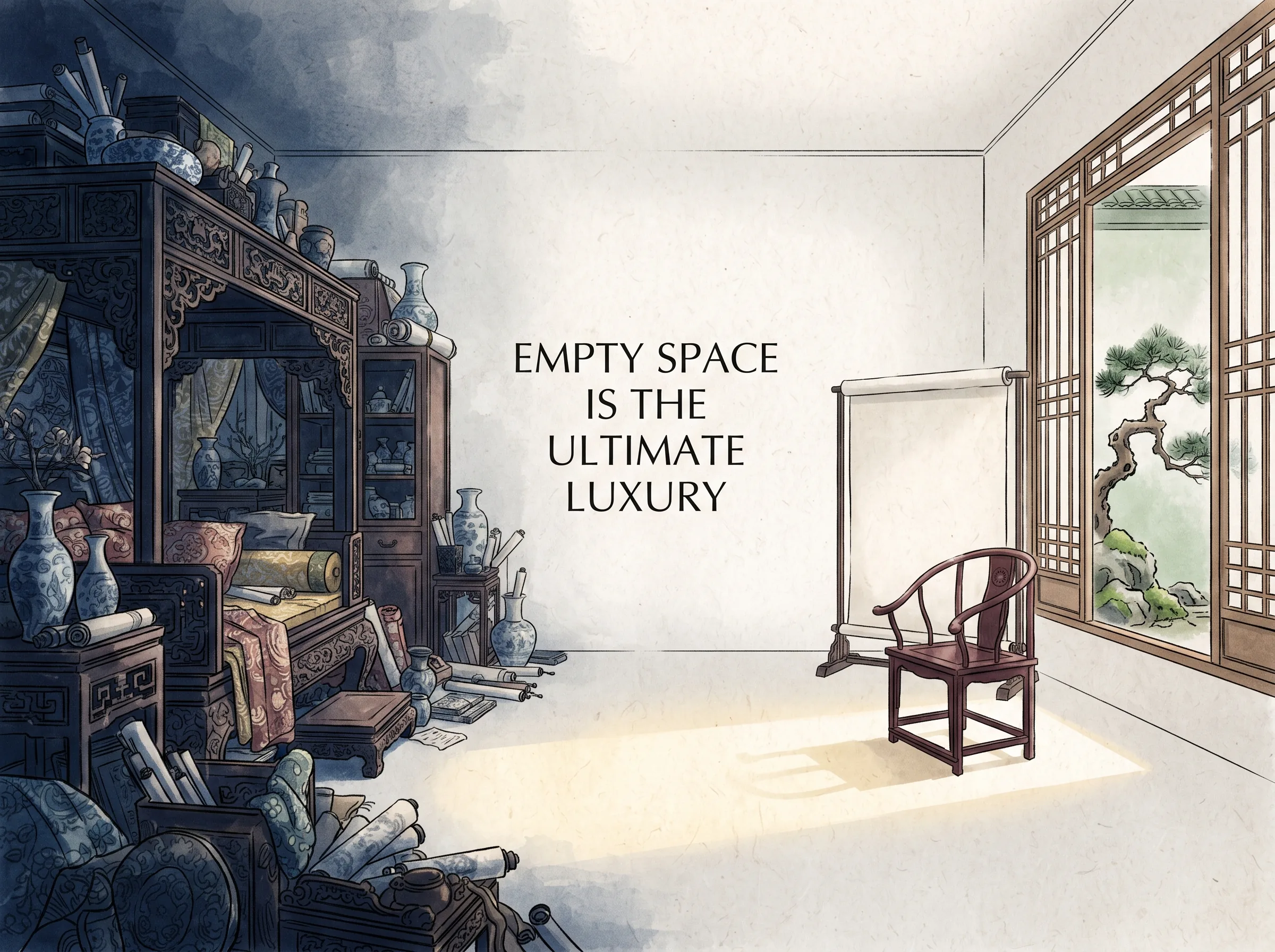 striking contrast: a cluttered room overflowing with gaudy furniture on the left dissolving into an expansive, airy scholar studio on the right featuring a single elegant rosewood Ming armchair, an unrolled bare paper screen in contemporary literati Chinese ink wash in deep Prussian blue and sage green with ample Xuan paper negative space, illustrating empty space is the ultimate luxury, embodying 塞得满满当当的繁杂房间与宋代极简文人空间对比：一张明式圈椅，一堵素白宣纸屏风，留出大片空气与阳光，空间因留白而昂贵高贵 on ChiDestiny