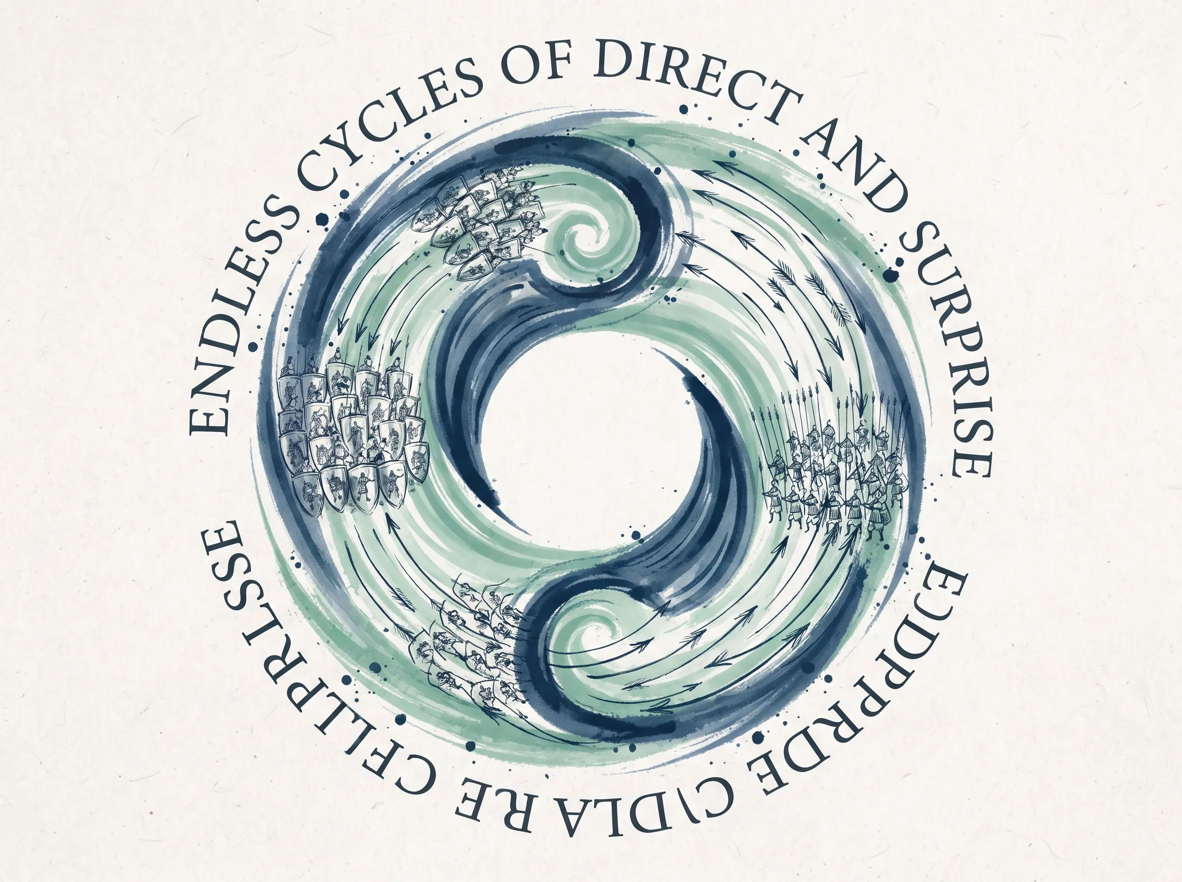 philosophical circular visual harmony of intertwining ink currents resembling a dynamic Yin-Yang vortex where orderly shields dissolve into swift arrows and arrows re-form into steady battle lines, deep Prussian blue calligraphic swirls, refreshing sage green energy ripples in contemporary literati Chinese ink cartoon style with Prussian blue ink wash, sage green accents, and Xuan paper negative space, illustrating endless cycles of direct and surprise, embodying 奇正相生如循环之无端：阴阳鱼太极流转，正兵转化为奇兵，奇兵回防转化为正兵，生生不息构建无法被攻破的动态优势 on ChiDestiny