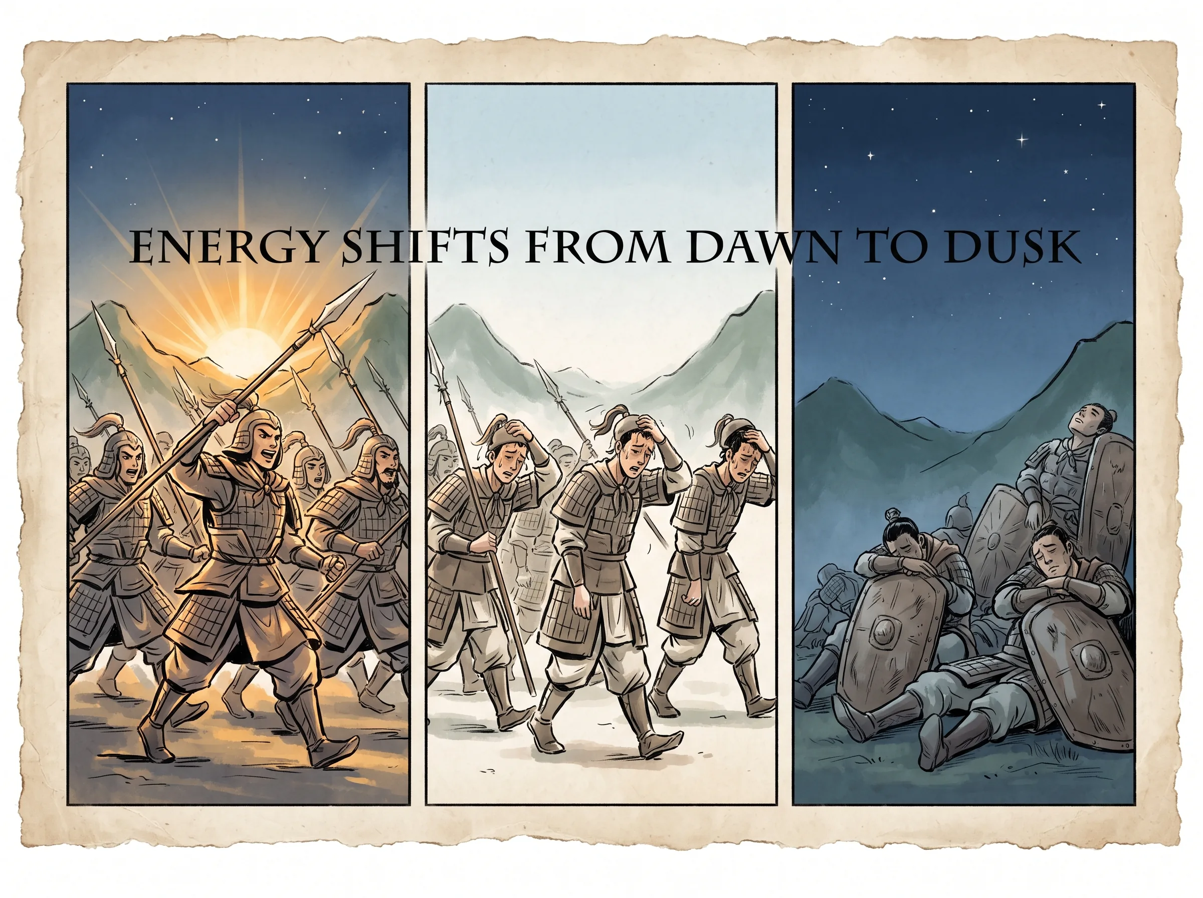 a three-stage temporal progression on a single scroll: dawn showing fierce high-spirited warriors marching with sharp spears into sunrise, midday showing slackened lines wiping sweat, evening showing weary soldiers resting heads against shields looking toward home stars in contemporary literati Chinese ink cartoon style with Prussian blue ink wash, sage green accents, and Xuan paper negative space, illustrating energy shifts from dawn to dusk, embodying 孙子论军气：'朝气锐，昼气惰，暮气归'，清晨的军队如出山猛虎势不可挡，黄昏的军队则思乡倦怠，气的盛衰主宰着战局沉浮 on ChiDestiny
