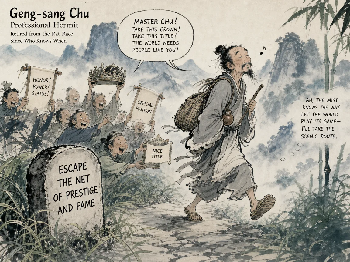an eccentric hermit Geng-sang Chu packing his humble straw sandals and slipping away under cover of misty dawn while enthusiastic mountain villagers bring him festive banners and crowns, fleeing worldly status for pure peace, Prussian blue mountain trails in contemporary literati Chinese ink cartoon style with Prussian blue ink wash, sage green accents, and Xuan paper negative space, illustrating escape the net of prestige and fame, embodying 庚桑楚隐居畏垒山，黜智弃巧去名逐朴，使畏垒之民淳朴相向，乡民欲共立之为君，他却愁眉不展避名而走 on ChiDestiny