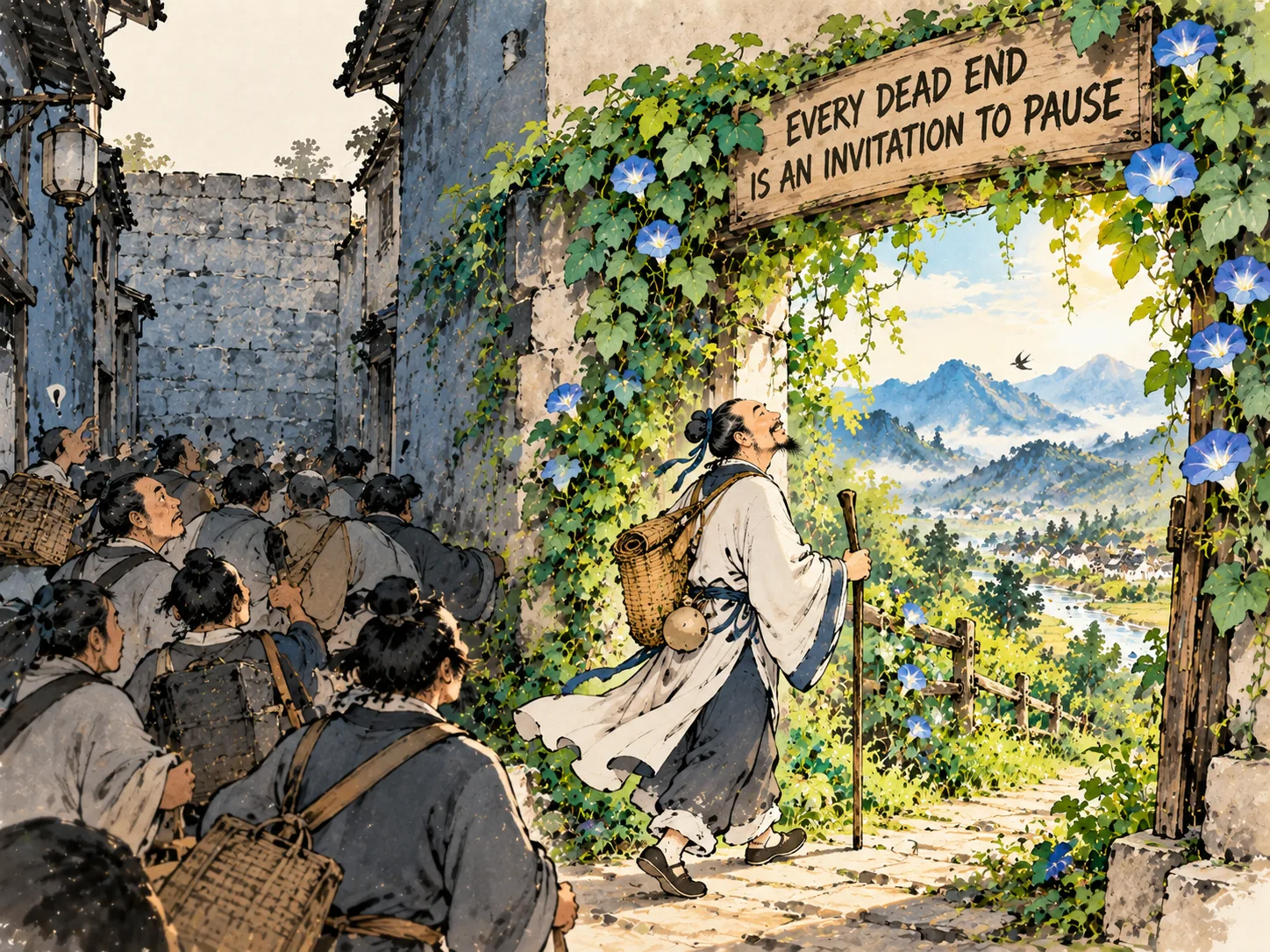 a modern traveler walking down a crowded narrow alley that seems to end at a tall blank stone wall, peacefully smiling and discovering a hidden open trellis covered in green morning glories leading to vast open hills, Prussian blue city walls in contemporary literati Chinese ink wash in deep Prussian blue and sage green with ample Xuan paper negative space, illustrating every dead end is an invitation to pause, embodying 现代人在都市迷茫死胡同前驻足，深呼吸一次，在原本认为走投无路的拐角处，发现了一扇通往全新天空的素雅小门 on ChiDestiny
