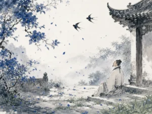 Elder statesman standing peacefully on stone courtyard steps observing falling blossom petals while swallows dart beneath eaves in gentle reflective literati garden wash with soft falling petals and swift nesting swallows, illustrating Yan Shu's elegant detachment, observing natural cycles and letting go of status without bitterness on ChiDestiny