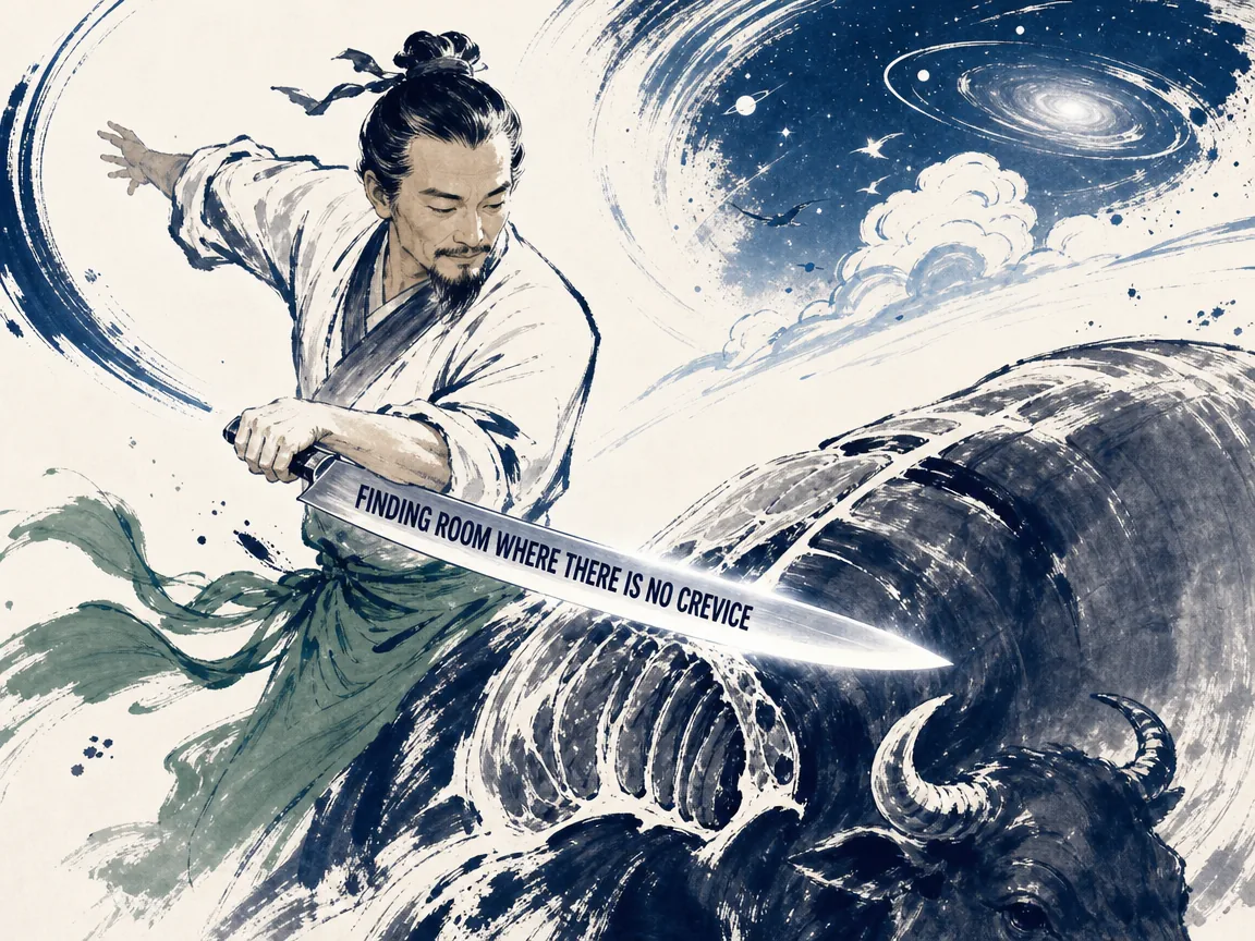 master butcher Cook Ding dancing gracefully with a gleaming kitchen blade carving an ox, moving in perfect harmonic rhythm with cosmic nature, sliding his razor-thin blade through natural spaces without touching bone in contemporary literati Chinese ink cartoon style with Prussian blue ink wash, sage green accents, and Xuan paper negative space, illustrating finding room where there is no crevice, embodying 庖丁解牛神乎其技，手之所触肩之所倚合于桑林之舞，薄刃在骨肉筋缝间游刃有余十九年锋利如新 on ChiDestiny