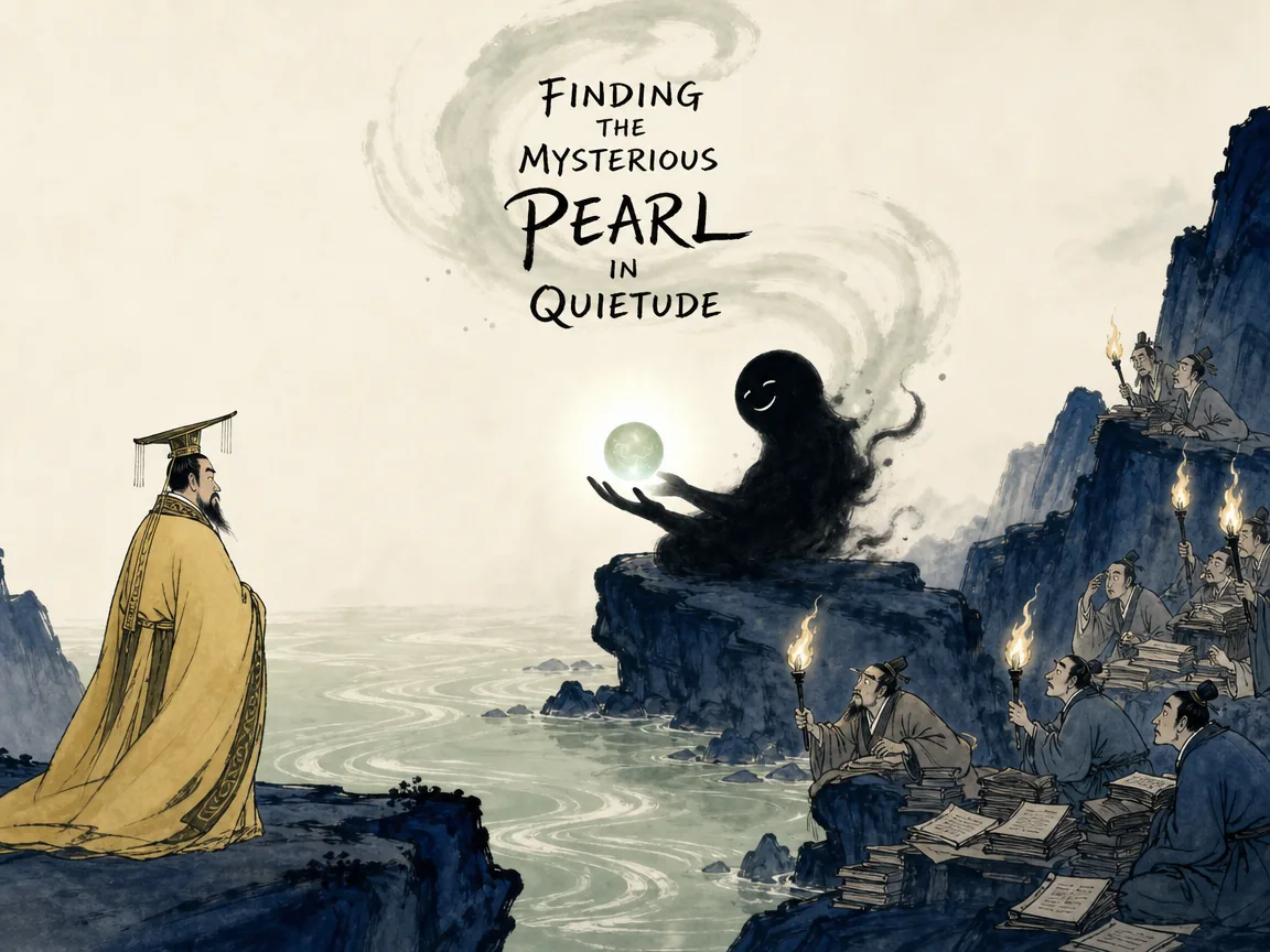 the Yellow Emperor looking upon a shadowy playful formless figure named Xiang-wang (Formless No-Mind) who effortlessly holds the glowing Dark Pearl of Truth in open palms, while busy intellectuals with torches look on bewildered, deep Prussian blue rocky cliffs in contemporary literati Chinese ink cartoon style with Prussian blue ink wash, sage green accents, and Xuan paper negative space, illustrating finding the mysterious pearl in quietude, embodying 黄帝游于赤水之北遗失玄珠，使智巧之神与声名之神去寻皆不得，最终令'象罔'（浑沌无心）探之，不求自得 on ChiDestiny