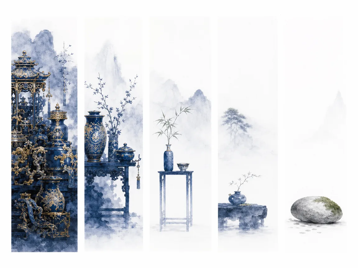 Carved tier shelf showing ornate gilded vessels at base transitioning to a pure unglazed white ceramic bowl at the summit in metaphorical still-life study contrasting opulent decorative wares with pristine monochrome porcelain, illustrating the five levels of taste, ascending from showy consumption to pristine unadorned simplicity (Su) on ChiDestiny