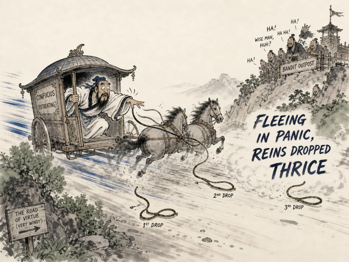 comic retreat of an intellectual, a flustered Confucius scrambling into his horse carriage, clumsily dropping the leather reins three times with wide startled eyes in contemporary literati Chinese ink cartoon style with Prussian blue ink wash, sage green accents, and Xuan paper negative space, illustrating fleeing in panic, reins dropped thrice, embodying 孔子被盗跖驳斥得失魂落魄，仓皇登车执辔三失目如死灰，归见柳下季自嘲'猛虎嘴边拔须险丧命' on ChiDestiny