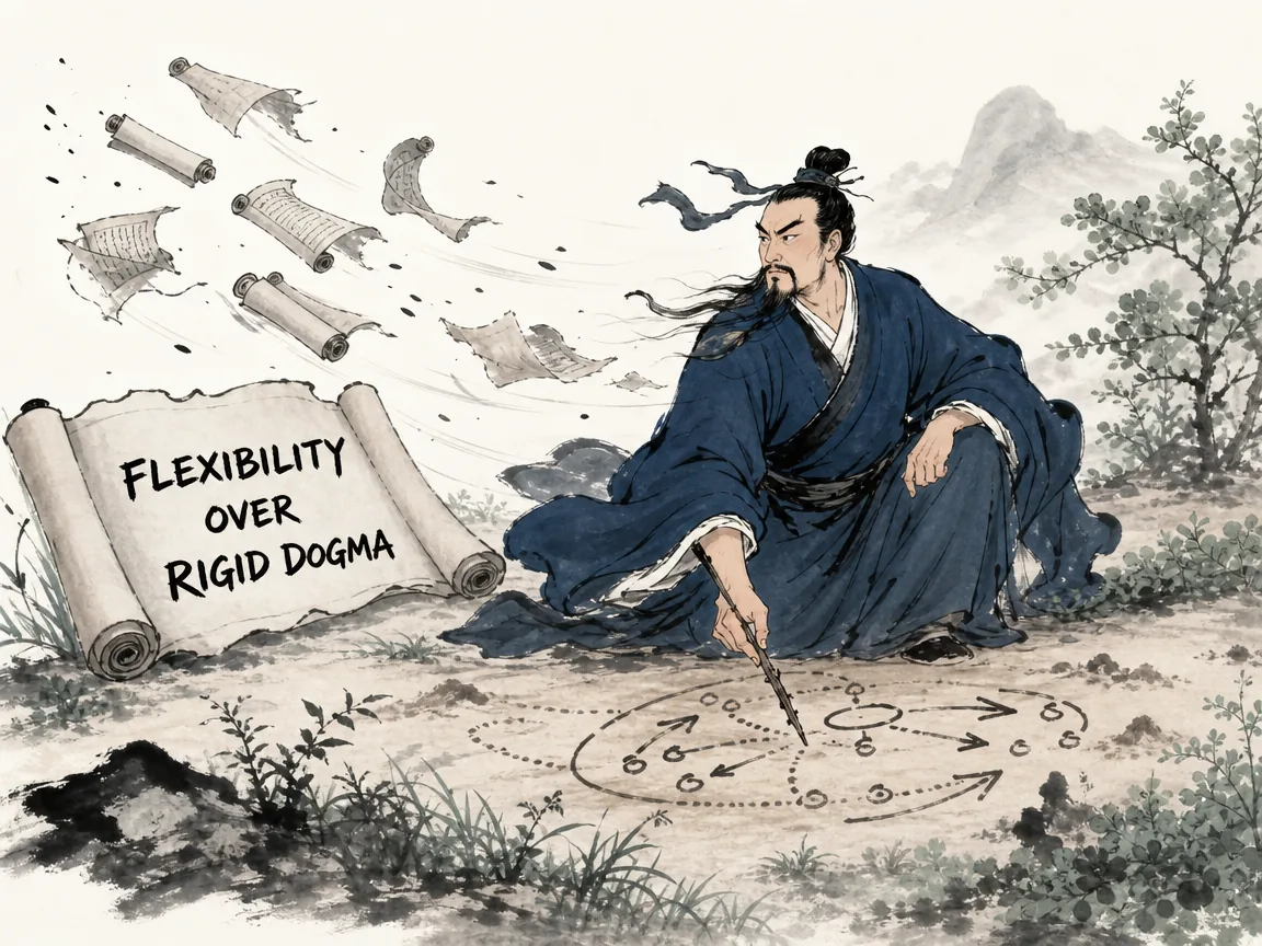 a sharp forward-thinking commander letting dry rigid manual scrolls flutter away in the breeze, sketching fresh pragmatic tactics in the earth with a simple tree branch, embracing organic fluidity in contemporary literati Chinese ink cartoon style with Prussian blue ink wash, sage green accents, and Xuan paper negative space, illustrating flexibility over rigid dogma, embodying 古旧的兵书兵法图谱被风吹散落在一旁，年轻将领依地形随机应变，用一根树枝在沙地上画出全新生动战局 on ChiDestiny