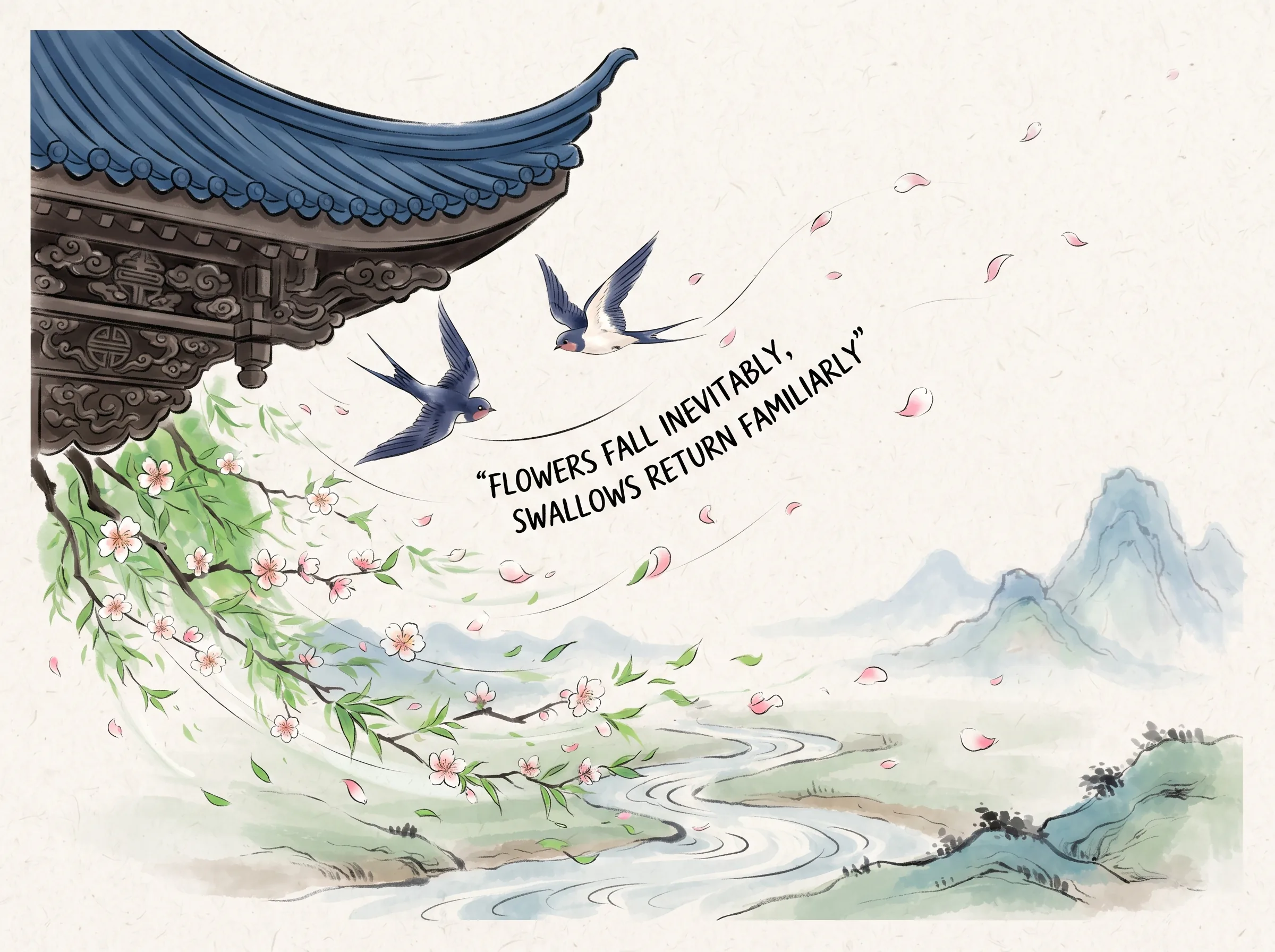 iconic couplet visualization: swirling spring blossoms scattering inevitably on the wind toward the stream, while a pair of lively barn swallows swoops gracefully beneath carved eaves, finding that loss and rebirth dance in perpetual cosmic harmony in contemporary literati Chinese ink wash in deep Prussian blue and sage green with ample Xuan paper negative space, illustrating flowers fall inevitably, swallows return familiarly, embodying '无可奈何花落去，似曾相识燕归来'：落花纷飞无可挽留，但一双轻盈的春燕已在梁间绕飞归来，失去与重逢在时光循环中达成神妙平衡 on ChiDestiny