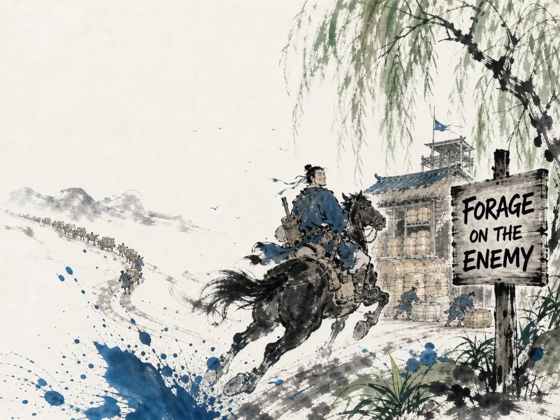 a nimble swift cavalry scout arriving easily at a rich enemy granary, bypassing thousands of miles of cumbersome supply chains, lighthearted military pragmatism in contemporary literati Chinese ink cartoon style with Prussian blue ink wash, sage green accents, and Xuan paper negative space, illustrating forage on the enemy, embodying 轻骑兵小分队身手矫健，以战养战，轻装疾行直奔敌方满载的粮仓，省去千里运粮之苦，将领回眸悠然微笑 on ChiDestiny