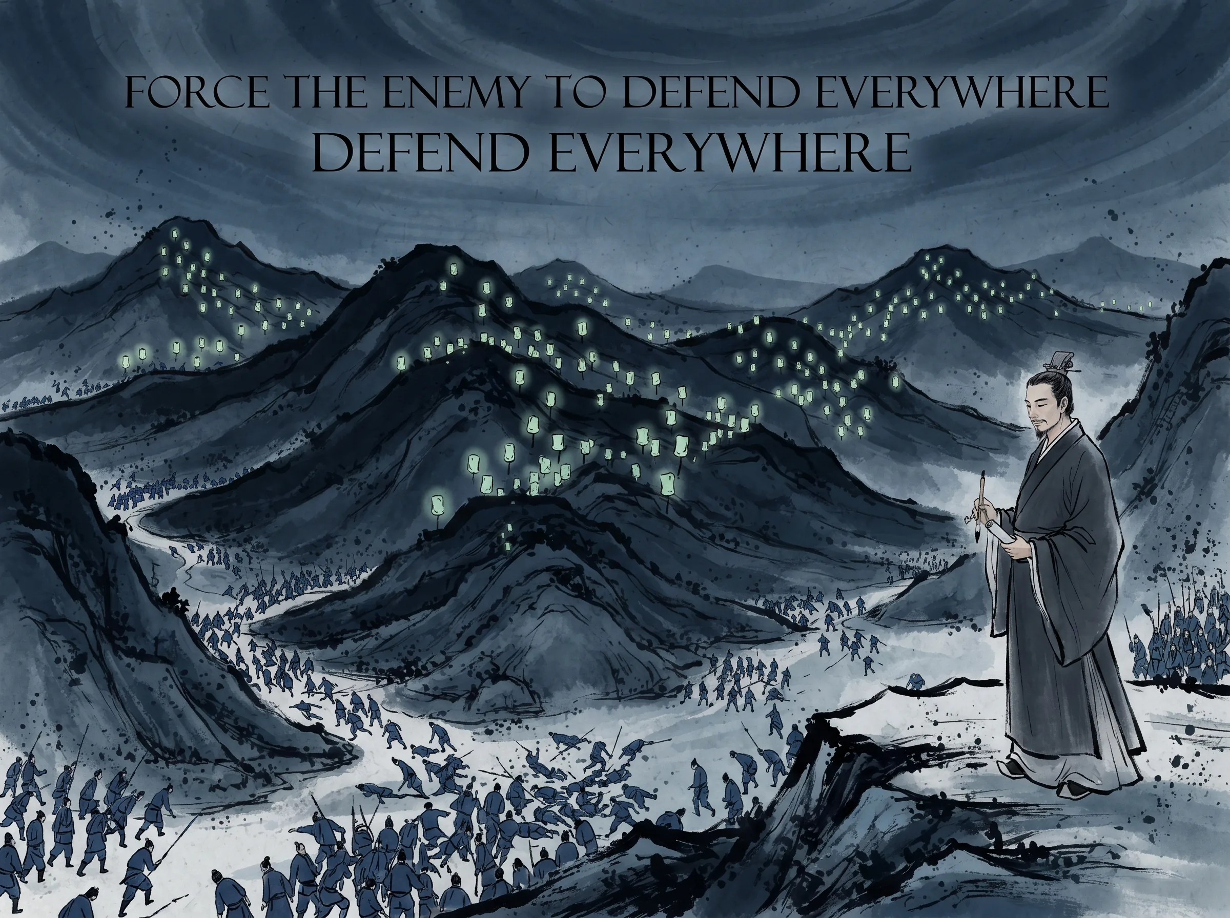 a clever military commander sending multiple ghost torches flickering across five distant mountain ridges, causing the bewildered opposing army to fracture their forces into thin, exhausted squads in contemporary literati Chinese ink cartoon style with Prussian blue ink wash, sage green accents, and Xuan paper negative space, illustrating force the enemy to defend everywhere, embodying 孙子虚实奥义：'形人而我无形，则我专而敌分'，以假象迷惑敌人使其四处分兵防守，我方则集中全势于敌方空虚致命的一点 on ChiDestiny