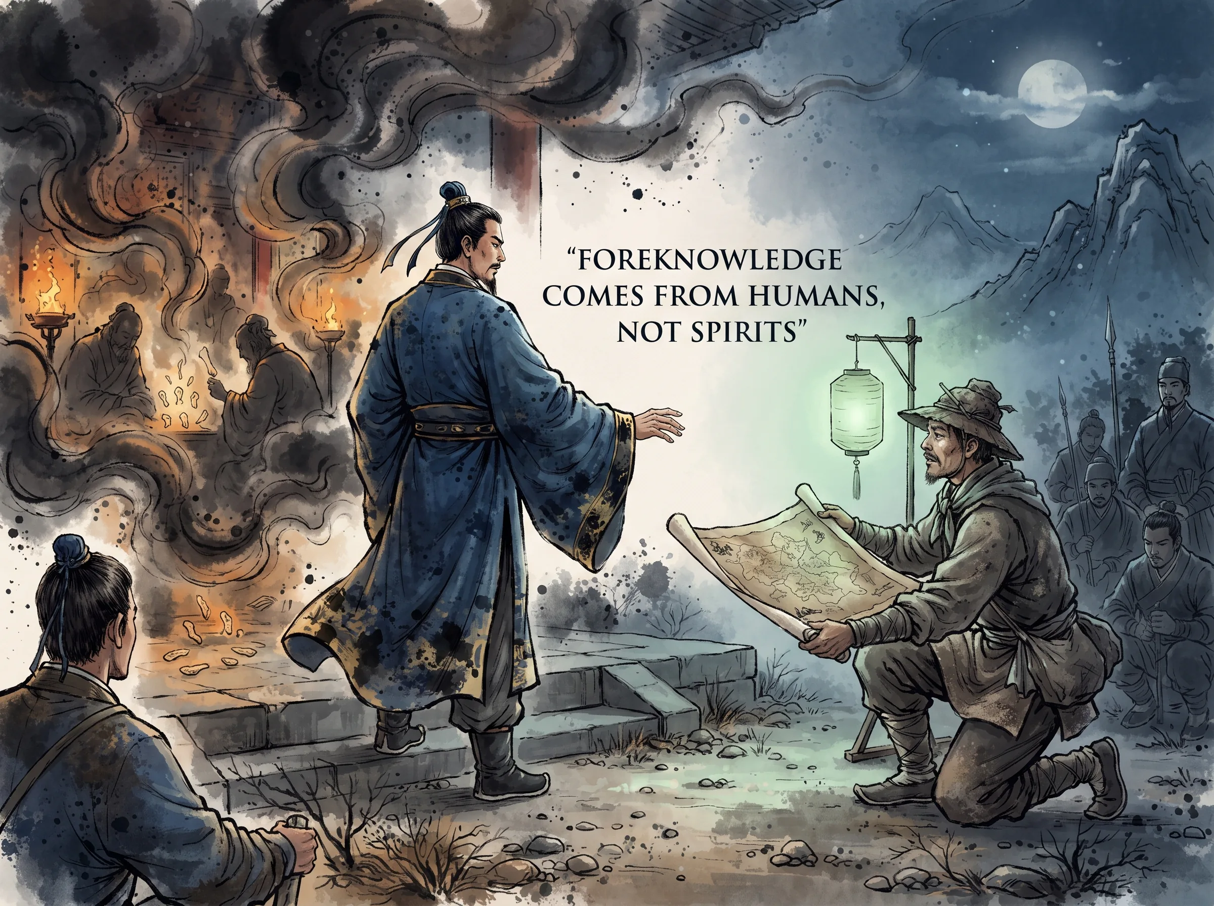 an insightful general turning his back on smoke-filled altars with diviners and oracle bones, stepping outside to warmly welcome a dusty intelligence scout arriving with vital terrain maps, deep Prussian blue general robes and night shadows in contemporary literati Chinese ink cartoon style with Prussian blue ink wash, sage green accents, and Xuan paper negative space, illustrating foreknowledge comes from humans, not spirits, embodying 全书压轴用间篇的至高地位：孙子将用间列为终卷，先知者必取于人，知敌之情不在求神问鬼，而在前瞻性的情报与认知投资 on ChiDestiny