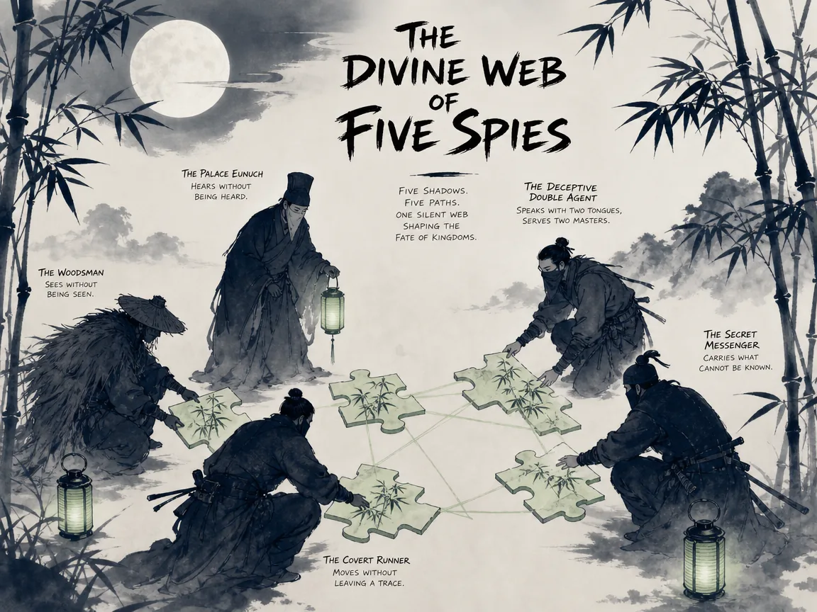 a master strategist sharing a cup of wine in intimate trust with a returning undercover scout beneath a warm bamboo lamp, piecing together the enemy's master plan with profound mutual respect and moral tact, deep Prussian blue shadows in contemporary literati Chinese ink cartoon style with Prussian blue ink wash, sage green accents, and Xuan paper negative space, illustrating foreknowledge wins the game, embodying 幕后统帅在烛光下与暗探同席对坐，温和敬酒真诚相待；情报网在心意相通中无远弗届，展现真正的用人之道与先知智慧 on ChiDestiny