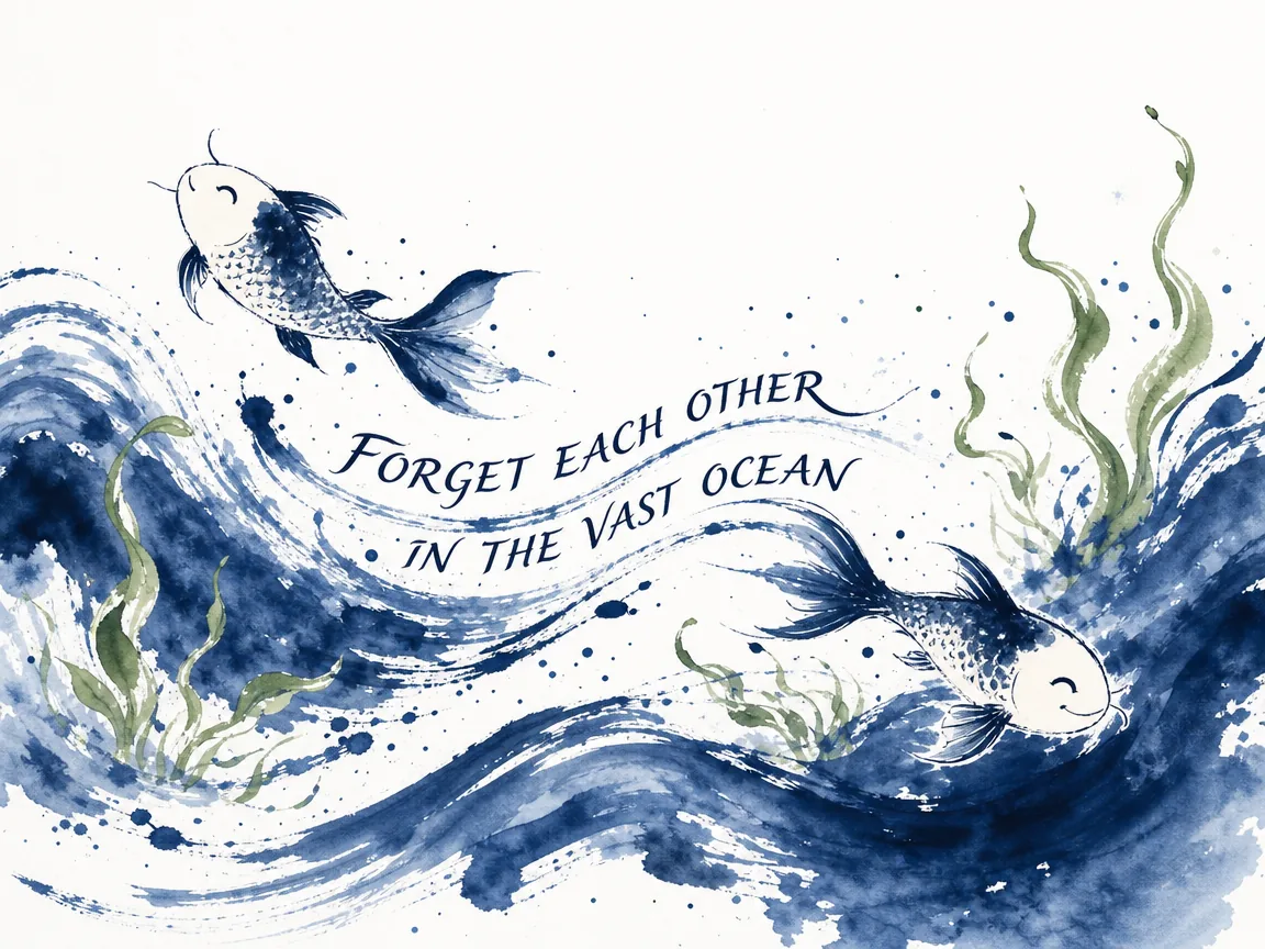 two playful fish swimming joyfully in opposite directions within the vast boundless azure waves, completely forgetting each other in freedom rather than moistening each other with spit in a dry rut, Prussian blue deep watery ink splashes in contemporary literati Chinese ink cartoon style with Prussian blue ink wash, sage green accents, and Xuan paper negative space, illustrating forget each other in the vast ocean, embodying 两尾游鱼相忘于广阔江海之中自在摇尾，彻底告别陆地上干涸涸辙中用唾沫相互湿润的辛酸无奈 on ChiDestiny