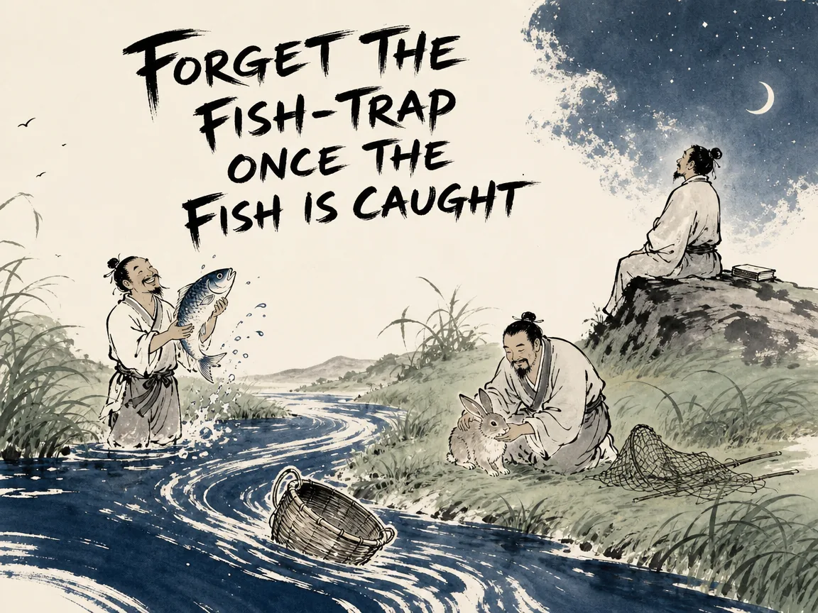 famous trio of parables, a smiling fisherman holding a gleaming leaping fish while his wicker basket drifts forgotten downriver; a hunter gently petting a caught hare having cast away his snare; Zhuangzi looking into the stars longing for a companion who has forgotten words, deep Prussian blue waterways in contemporary literati Chinese ink cartoon style with Prussian blue ink wash, sage green accents, and Xuan paper negative space, illustrating forget the fish-trap once the fish is caught, embodying 得鱼忘筌、得兔忘蹄、得意忘言：渔人手提鲜鱼已忘竹筌，猎人抱兔笑掷绳套，庄子执杯盼逢忘言之人与之相谈 on ChiDestiny