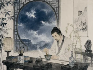 Scholar in quiet study thoughtfully whisking tea and arranging a single willow branch in a vase while turbulent skies gather beyond lattice windows in delicate domestic literati interior wash contrasting threatening exterior skies with serene table rituals, illustrating Song dynasty literati mindful arts, anchoring the unsettled soul in intimate beauty during macro crises on ChiDestiny
