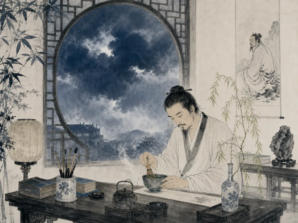 Scholar in quiet study thoughtfully whisking tea and arranging a single willow branch in a vase while turbulent skies gather beyond lattice windows in delicate domestic literati interior wash contrasting threatening exterior skies with serene table rituals, illustrating Song dynasty literati mindful arts, anchoring the unsettled soul in intimate beauty during macro crises on ChiDestiny