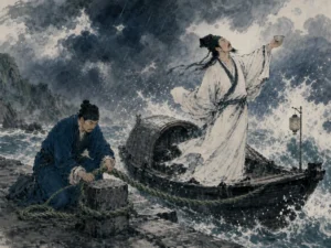 Steadfast younger brother firmly securing a thick hemp mooring line on a rocky pier while a wooden boat rides stormy river waves in heartfelt solid ink composition contrasting stormy spray with unyielding hands anchoring a boat, illustrating unwavering fraternal devotion (Ti), providing an unbreakable anchor behind a famous sibling's turbulent storms on ChiDestiny
