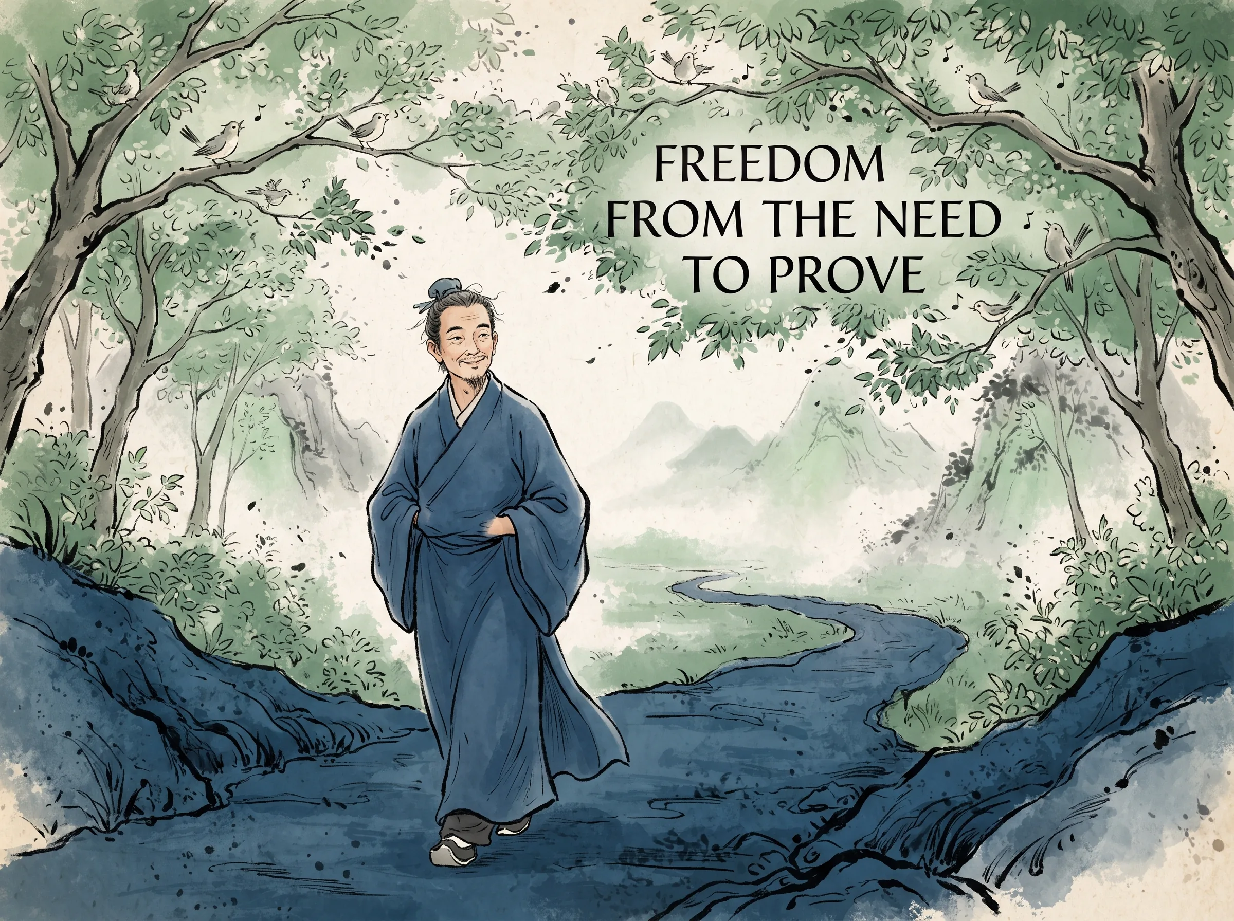 a carefree scholar walking down a winding mountain forest lane with hands tucked warmly inside wide sleeves, smiling pleasantly as wild birds sing in the branches, unburdened by ego or audience in contemporary literati Chinese ink wash in deep Prussian blue and sage green with ample Xuan paper negative space, illustrating freedom from the need to prove, embodying 藏锋带来的终极自由：不再需要向世界证明自己的优越与锋利，如山间深潭静水流深，享受不受瞩目、全然自主的松弛人生 on ChiDestiny
