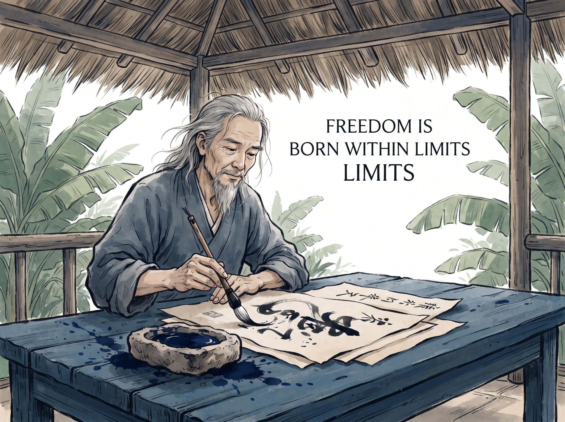 an old master artist dipping a crude badger-hair brush into a handmade stone ink-slab inside an open thatched hut, vigorous cursive calligraphy flowing across unbleached paper sheets, deep Prussian blue ink splashes and wooden table in contemporary literati Chinese ink wash in deep Prussian blue and sage green with ample Xuan paper negative space, illustrating freedom is born within limits, embodying 苏轼在瘴疠蛮荒之地因陋就简，用木柴自制草墨，在破旧茅屋借着芭蕉叶与土纸挥洒出千古墨宝寒食帖 on ChiDestiny