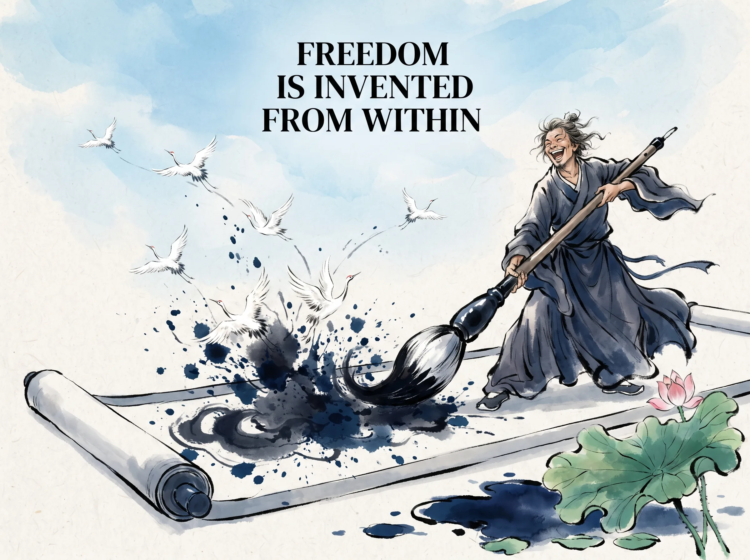 an eccentric Tang-Song literati rebel with loose robes laughing heartily as he flings bold, wet calligraphic ink onto a massive floor scroll, white cranes emerging magically from the dark splatters taking flight into open sky in contemporary literati Chinese ink wash in deep Prussian blue and sage green with ample Xuan paper negative space, illustrating freedom is invented from within, embodying 八大山人与石涛打破世俗规训：以狂放恣肆的笔墨在狭小斗室中开辟无垠的精神自由，规矩是死的，艺术灵魂是永远自由的 on ChiDestiny