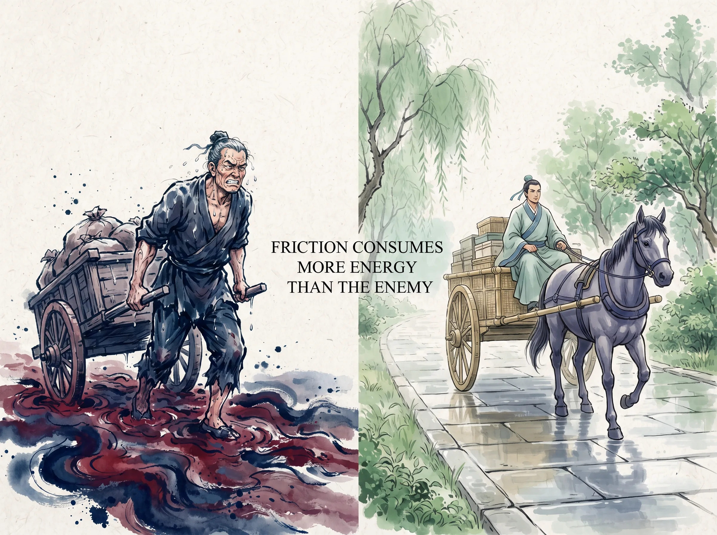 dual perspective of a traveler dragging a heavy wooden handcart through axle-deep sticky red mud with veins bulging, contrasted alongside a light bamboo cart gliding effortlessly along a smooth oiled-stone pathway with a single horse, deep Prussian blue mud tracks and coachman clothes in contemporary literati Chinese ink cartoon style with Prussian blue ink wash, sage green accents, and Xuan paper negative space, illustrating friction consumes more energy than the enemy, embodying 摩擦力决定胜负：在泥泞乱石路上推车气喘吁吁，而在铺设平整的石板古道上轻车快马，不是马力不同，而是地形摩擦力天差地别 on ChiDestiny