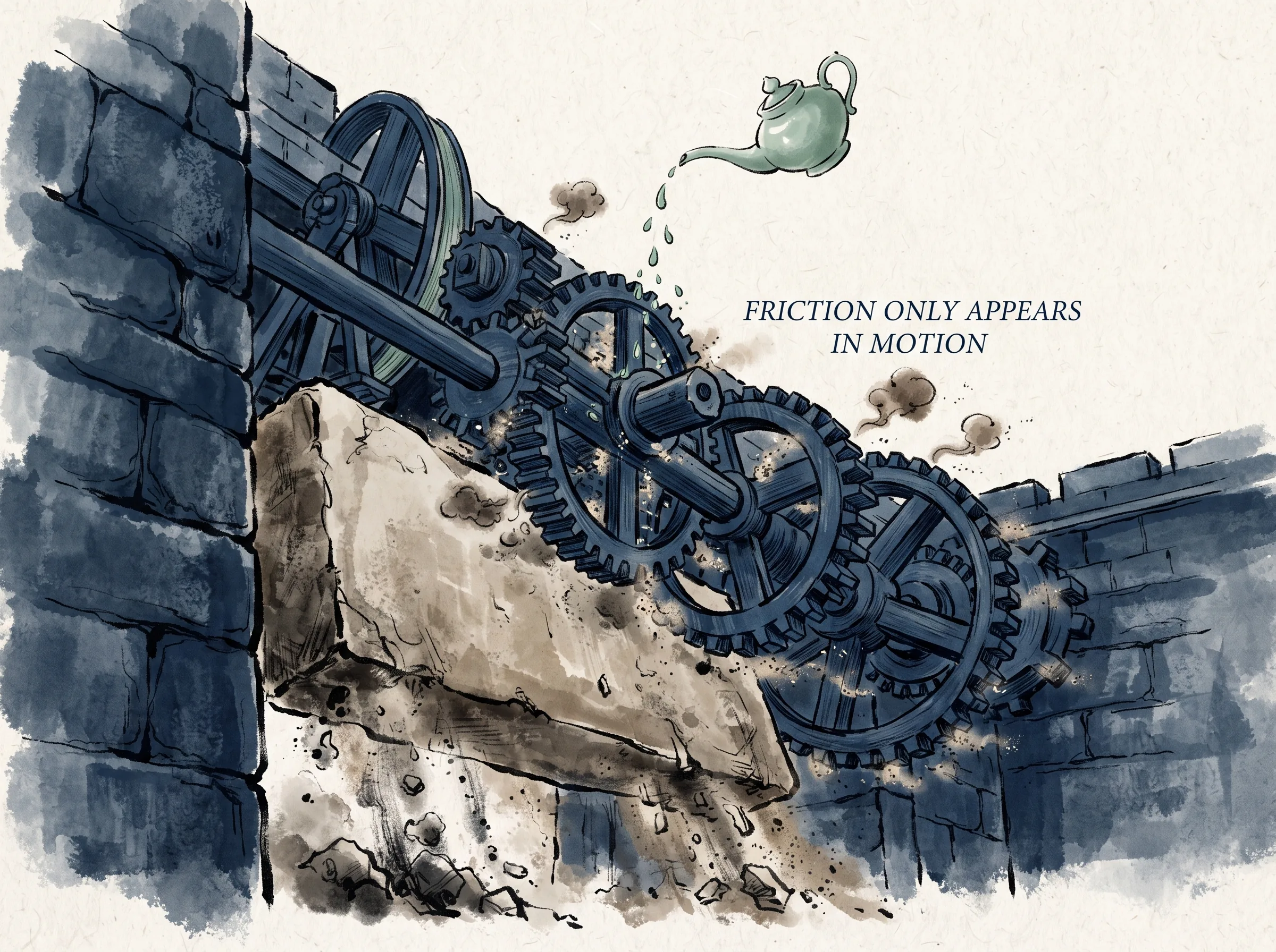 visual metaphor of intricate wooden gears and pulleys turning together to lift a heavy stone gate, with small clouds of friction smoke and fine sand slipping between the cogs requiring constant oiled attention, deep Prussian blue timber gears and stone walls in contemporary literati Chinese ink cartoon style with Prussian blue ink wash, sage green accents, and Xuan paper negative space, illustrating friction only appears in motion, embodying 运动中不可避免的系统摩擦：原本整齐划一的机械齿轮在高速运转中因沙砾磨损、轴承发热而发出刺耳悲鸣，唯有动态润滑才能维持运转 on ChiDestiny