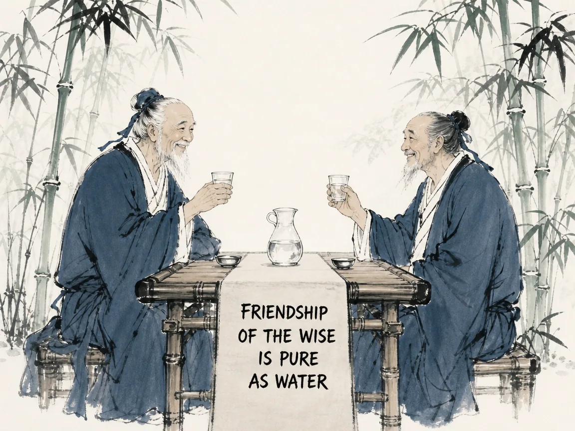 two elderly scholars in simple linen robes sitting opposite each other smiling warmly over clear cups of pure well water, their bond serene and unencumbered by worldly debts or flattery, Prussian blue robes and bamboo table in contemporary literati Chinese ink cartoon style with Prussian blue ink wash, sage green accents, and Xuan paper negative space, illustrating friendship of the wise is pure as water, embodying 君子之交淡若水，小人之交甘若醴；两位素心高士隔桌相视一笑，一盏清泉即照见平生肝胆 on ChiDestiny
