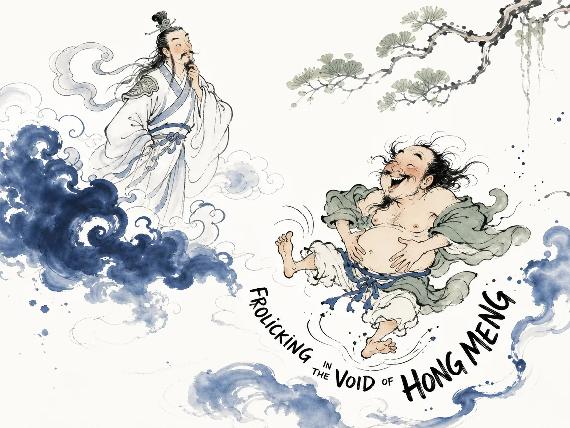 whimsical encounter between Cloud General Yun Jiang on floating misty clouds and the eccentric spirit Hong Meng merrily slapping his thighs and hopping like a little sparrow in sheer playful abandonment, rich Prussian blue ink clouds, soothing sage green celestial branches in contemporary literati Chinese ink cartoon style with Prussian blue ink wash, sage green accents, and Xuan paper negative space, illustrating frolicking in the void of hong meng, embodying 云将东游行经扶摇之枝，偶遇鸿蒙拍髀雀跃游嬉，问以治理天下，鸿蒙笑答'不知，雀跃如婴儿即可' on ChiDestiny
