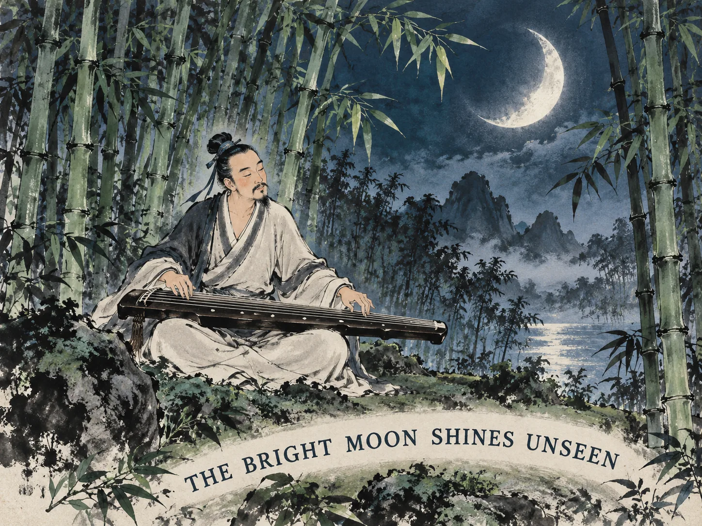 famous pastoral hermit Tao Yuanming holding a small basket of yellow autumn chrysanthemums by a rustic fence, pausing to gaze peacefully at the misty blue peaks of Mount Lu as a pair of birds glide home into twilight, deep Prussian blue mountain contours in contemporary literati Chinese ink wash in deep Prussian blue and sage green with ample Xuan paper negative space, illustrating gathering chrysanthemums, forgetting words, embodying 陶渊明采菊东篱下，悠然见南山；飞鸟相与还，此中有真意，欲辨已忘言，以物我两忘的纯真静气照亮田园 on ChiDestiny