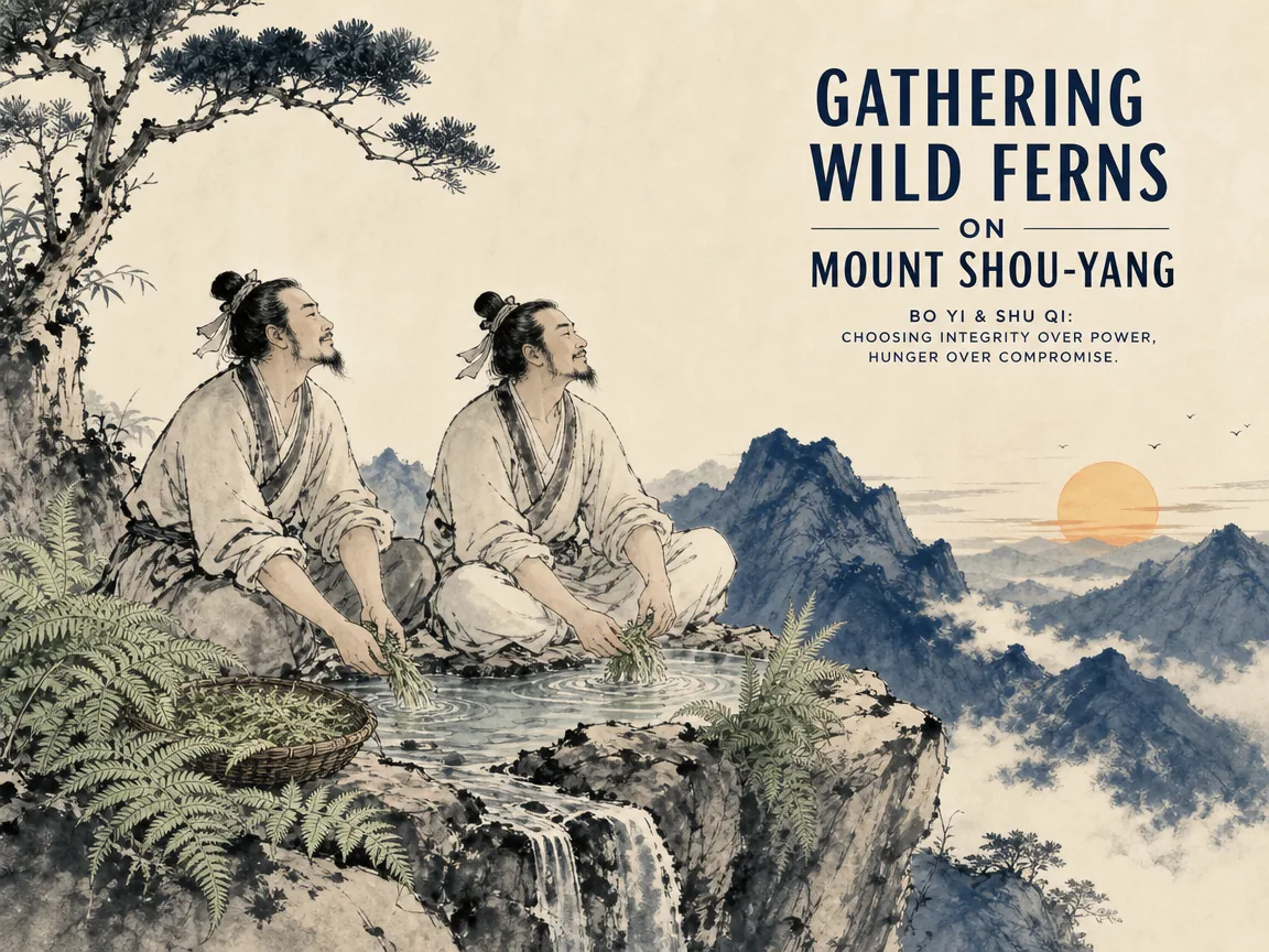 two stoic noble brothers Bo Yi and Shu Qi sitting peacefully upon the crags of Shouyang mountain, washing wild green fern shoots in a crystal spring, smiling at the distant sunset and refusing imperial handouts in contemporary literati Chinese ink cartoon style with Prussian blue ink wash, sage green accents, and Xuan paper negative space, illustrating gathering wild ferns on mount shou-yang, embodying 伯夷叔齐不食周粟，采薇首阳山，以清风为伴甘守清操，虽饥馁身殒却立千古风骨 on ChiDestiny