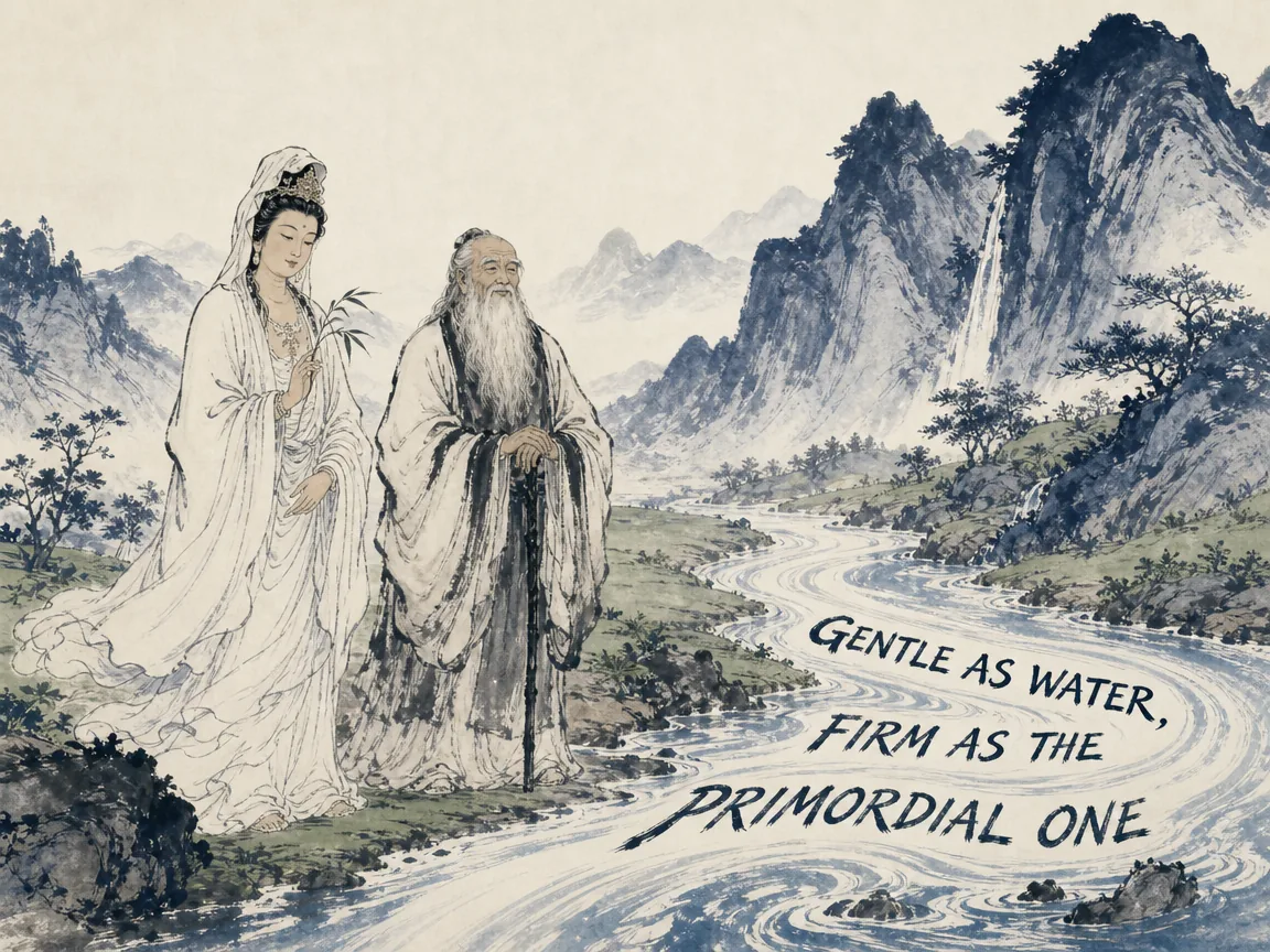serene dual portrait of Guan Yin and elderly Lao Dan standing peacefully beside a winding mountain stream, their relaxed posture exemplifying gentle humility, yielding resilience in contemporary literati Chinese ink cartoon style with Prussian blue ink wash, sage green accents, and Xuan paper negative space, illustrating gentle as water, firm as the primordial one, embodying 关尹与老聃建之以常无有，主之以太一，以濡弱谦下为表，以空虚不毁万物为实，如水善利万物而不争 on ChiDestiny