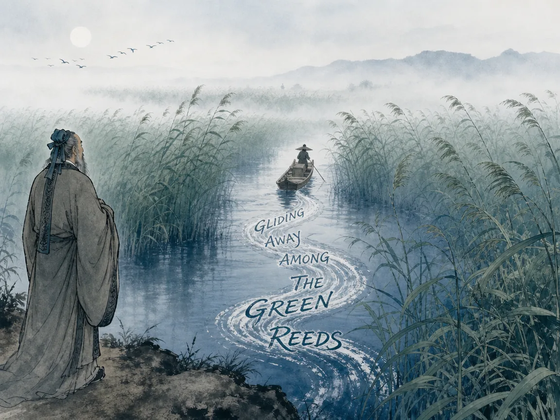 a solitary small wooden skiff disappearing gracefully into a boundless sea of tall waving river reeds under soft morning mist, while a reverent Confucius watches motionless from the bank with hands folded, deep Prussian blue misty water layers in contemporary literati Chinese ink cartoon style with Prussian blue ink wash, sage green accents, and Xuan paper negative space, illustrating gliding away among the green reeds, embodying 渔父撑篙荡舟没于芦苇荡深处，孔子立于岸边久久怅望肃然起敬，叹遇得道隐者之机缘 on ChiDestiny