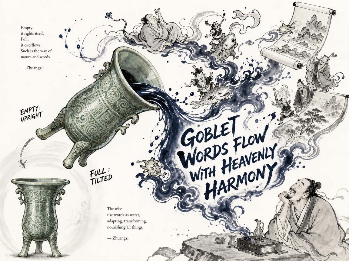 a mystical tilted wine goblet (Zhi cup) that automatically rights itself when empty and tilts when full, spilling liquid ink that transforms into humorous animated figures and storytelling scrolls, representing Zhuangzi's ever-adapting fluid language in contemporary literati Chinese ink cartoon style with Prussian blue ink wash, sage green accents, and Xuan paper negative space, illustrating goblet words flow with heavenly harmony, embodying 寓言十九、重言十七、卮言日出和以天倪：案前斜倾的欹器卮酒，满则覆空则仰，随物曼衍灵动自然，寓意不执偏见的曼妙言语 on ChiDestiny