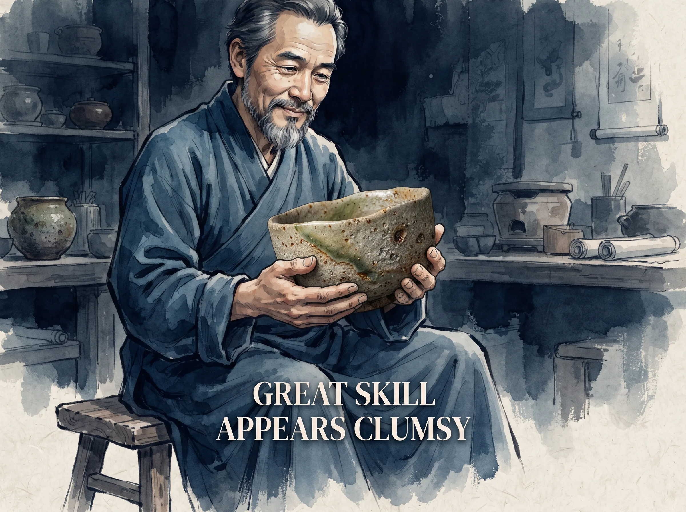 a master ceramic artist affectionately cradling an asymmetrical wood-fired tea bowl whose rough textured glaze reveals raw iron spots and subtle organic imperfections that outshine polished glass, deep Prussian blue workshop shadows, earthy sage green glaze streaks in contemporary literati Chinese ink wash in deep Prussian blue and sage green with ample Xuan paper negative space, illustrating great skill appears clumsy, embodying 老子'大巧若拙'：一把粗陶茶碗表面略带窑变微裂与不规则手捏痕迹，粗看拙笨，细品却蕴含天地造化的大智若愚与天真野趣 on ChiDestiny