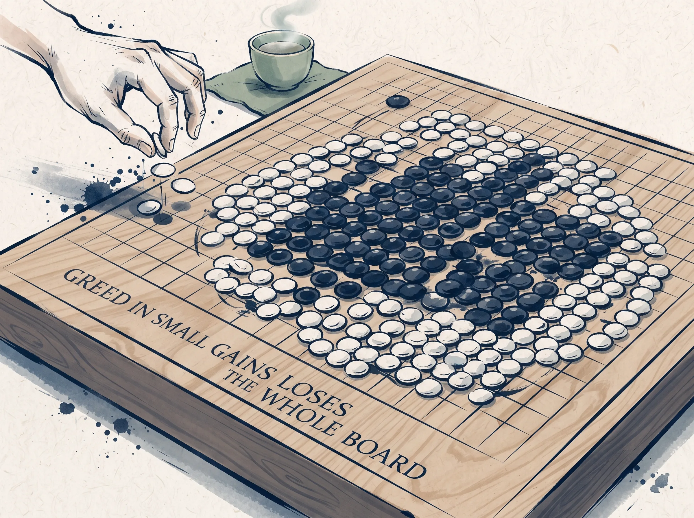 dramatic Go chessboard perspective: a hand triumphantly picking up three isolated enemy stones in the outer corner, while the entire central formation of black stones is subtly encircled by an inescapable white dragon pattern, deep Prussian blue board shadows and stones in contemporary literati Chinese ink cartoon style with Prussian blue ink wash, sage green accents, and Xuan paper negative space, illustrating greed in small gains loses the whole board, embodying 局部最优累积为全局灾难：棋手每一步都贪吃对方小卒，棋盘角落斩获颇丰，却不知中盘大龙已被合围封死，陷入死局 on ChiDestiny