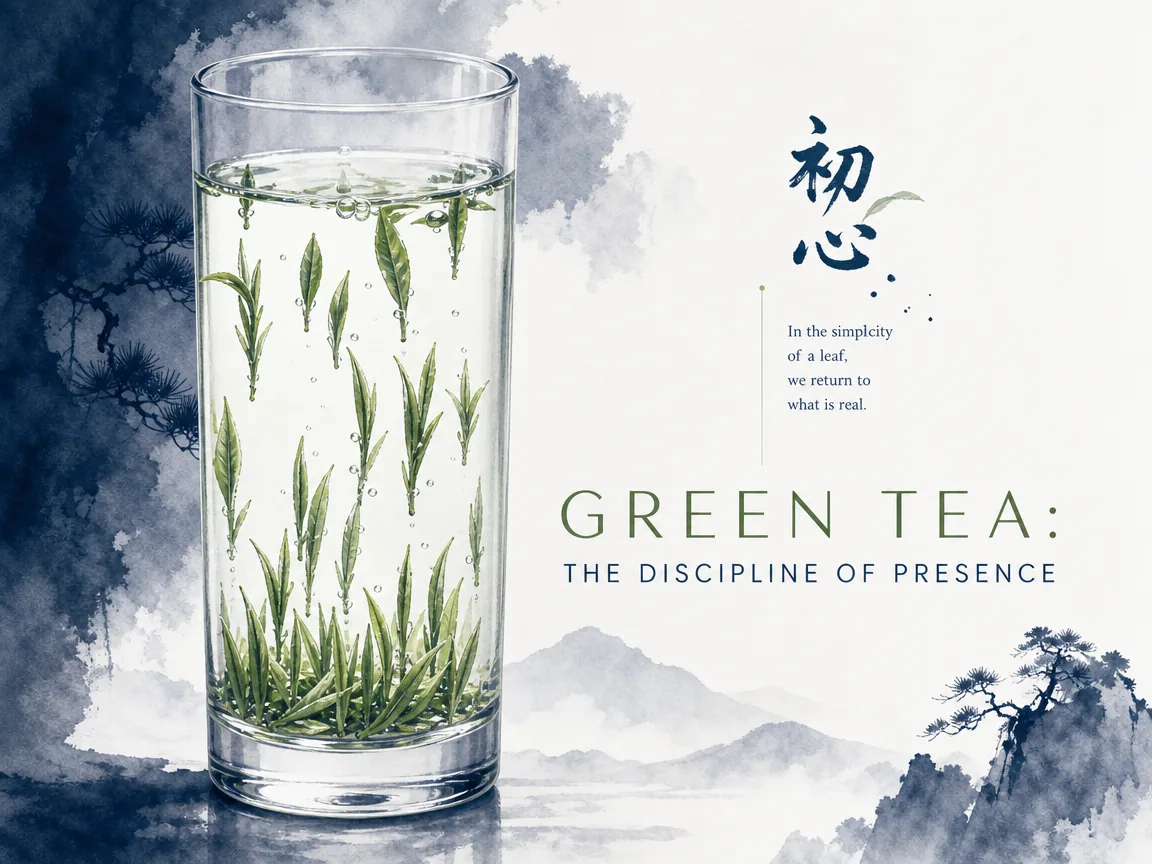 A thin jade-green ceramic bowl of fresh green tea held in sunlit cupped hands, its emerald surface mirror-still amid fresh bamboo leaves and morning dew drops, embodying mindful clarity in vibrant Prussian blue morning light, bright sage green tea surface and bamboo, with luminous Xuan paper, illustrating the discipline of presence, showing how green tea's fresh unoxidized essence embodies mindful attention to the living moment on ChiDestiny
