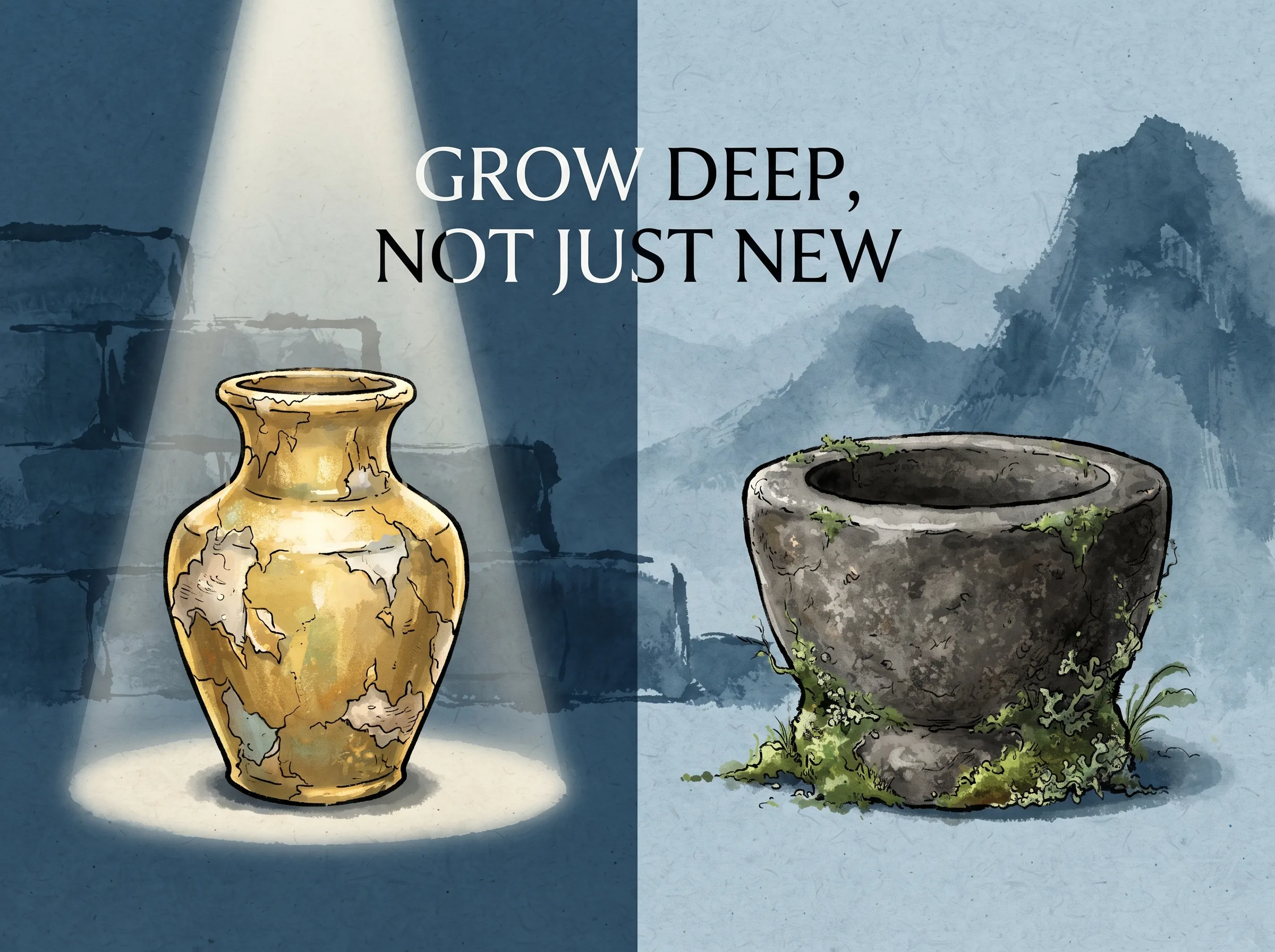side-by-side comparison of a gaudy chemical-dipped fake relic peeling flimsily under harsh light, beside an authentic antique stone mortar weathered by mountain rain and smooth to the touch, deep Prussian blue stony background in contemporary literati Chinese ink wash in deep Prussian blue and sage green with ample Xuan paper negative space, illustrating grow deep, not just new, embodying 速成翻新与岁月深磨的对立：化学速成仿古的浮躁器物一触即碎，而真正伴随风雨数十载的老物件却越磨越厚重温润，生命亦然 on ChiDestiny