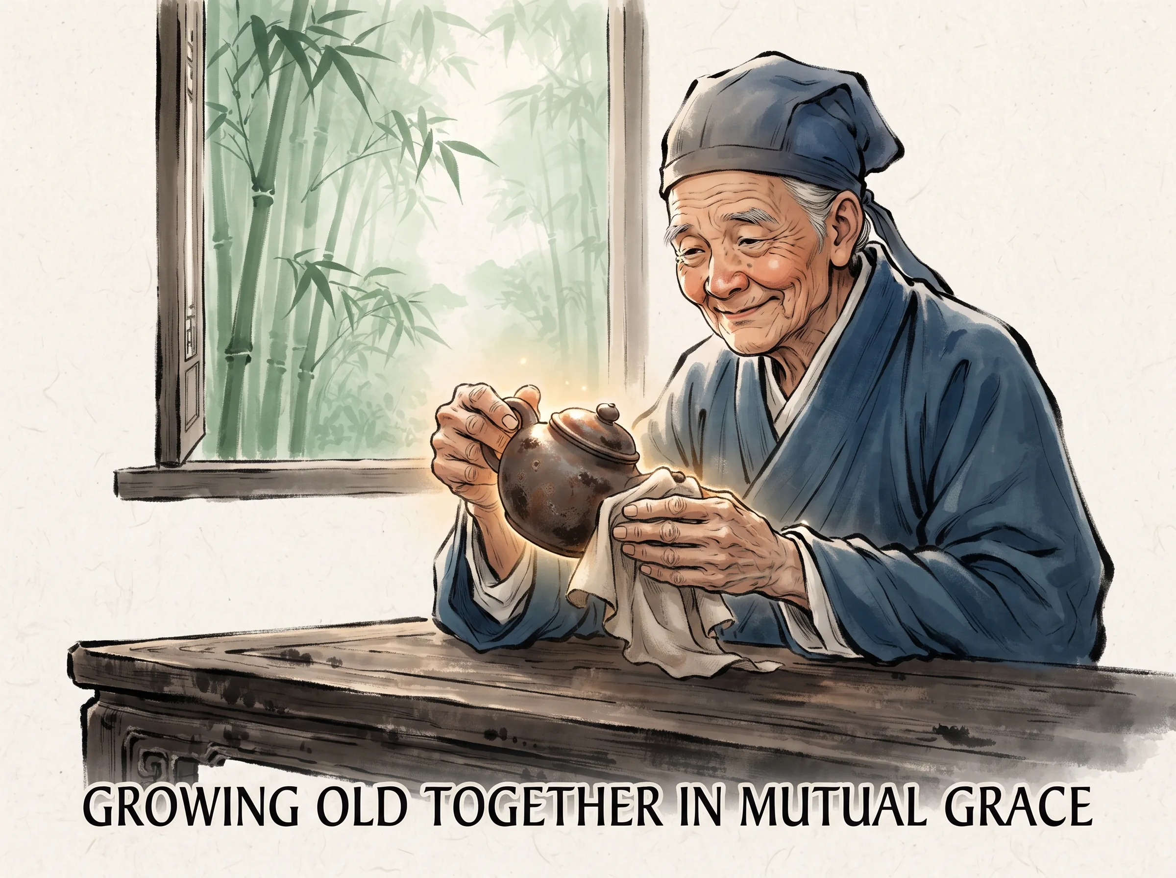 an elderly tea lover smiling with deep affection as their hands gently hold and wipe a cherished rustic clay teapot with a soft linen cloth, warm golden light radiating from the clay, deep Prussian blue robes and wooden tea bench in contemporary literati Chinese ink wash in deep Prussian blue and sage green with ample Xuan paper negative space, illustrating growing old together in mutual grace, embodying 长者用干净软布细心摩挲茶壶，茶汤与指掌温热日复一日浸润壶身，器物不再是死物，而是与主人同甘共苦、相伴终生的知己挚友 on ChiDestiny