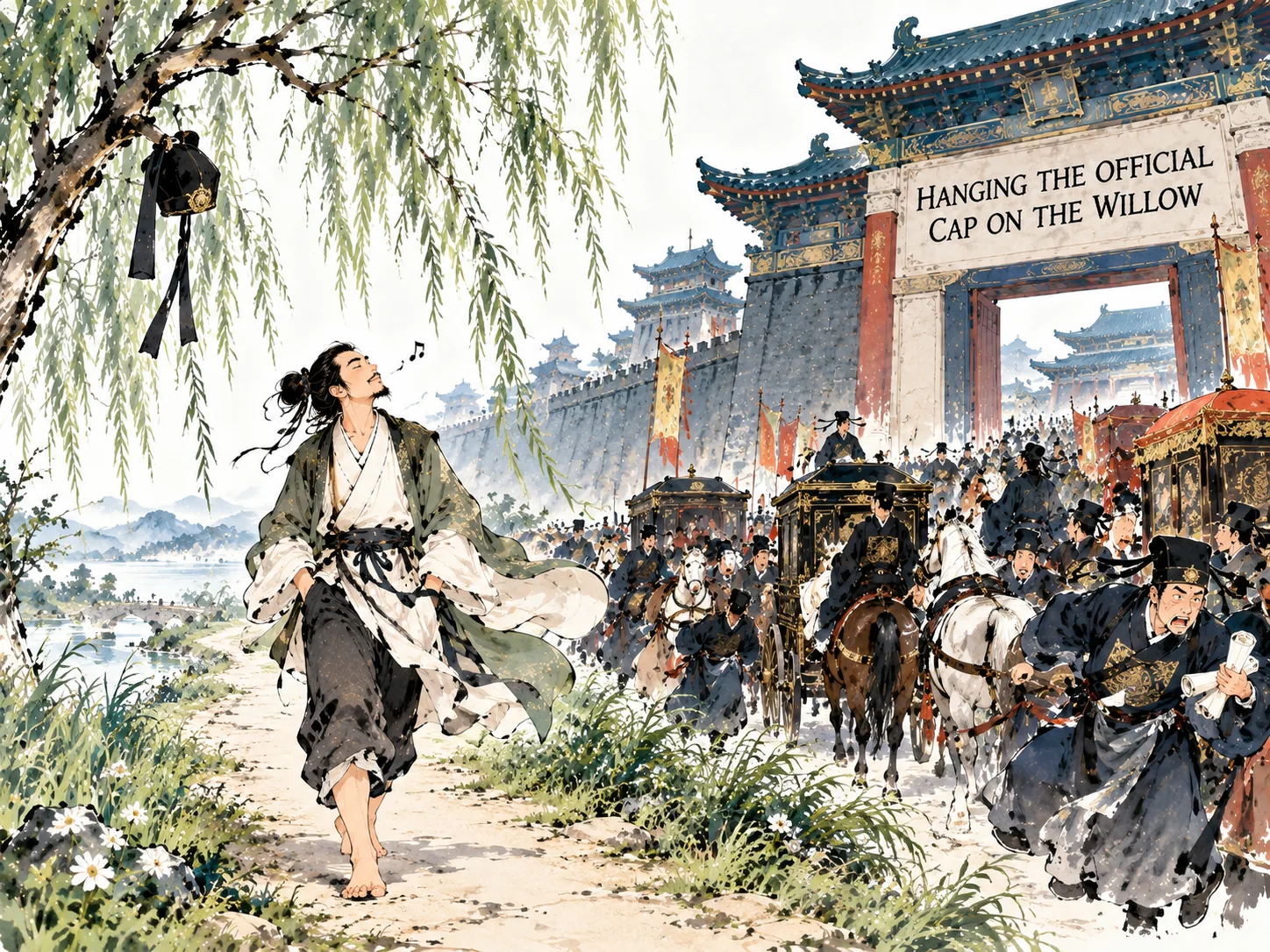 lively witty satire, an ambitious tangled gridlock of royal carriages and anxious officials rushing toward the palace gates, while a relaxed scholar hangs his heavy black bureaucratic cap playfully on a low willow branch and walks away barefoot whistling down a green country path in contemporary literati Chinese ink wash in deep Prussian blue and sage green with ample Xuan paper negative space, illustrating hanging the official cap on the willow, embodying 长安城门下车水马龙官员们为升迁挤破头皮，一位狂客却脱下乌纱帽挂在城门柳树上，踏着草鞋逆流轻松归去 on ChiDestiny