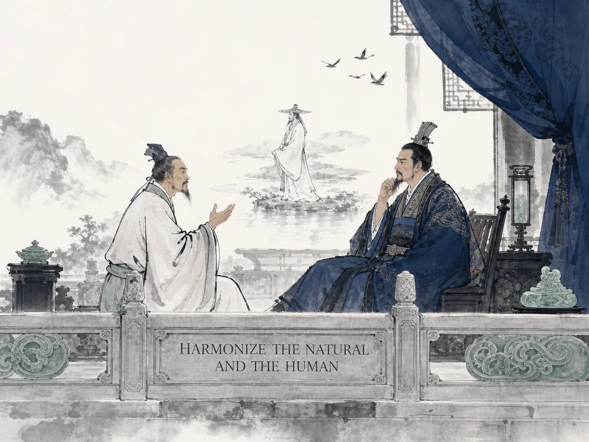 wise counselor Tian Zi-fang conversing with a stately Marquis in a quiet royal hall, painting an invisible portrait of an effortless recluse who acts without artificial pretensions, deep Prussian blue court drapery in contemporary literati Chinese ink cartoon style with Prussian blue ink wash, sage green accents, and Xuan paper negative space, illustrating harmonize the natural and the human, embodying 田子方盛赞其师溪工：为人也天，为人也人，不求知于人而天性圆通，文侯肃然起敬 on ChiDestiny