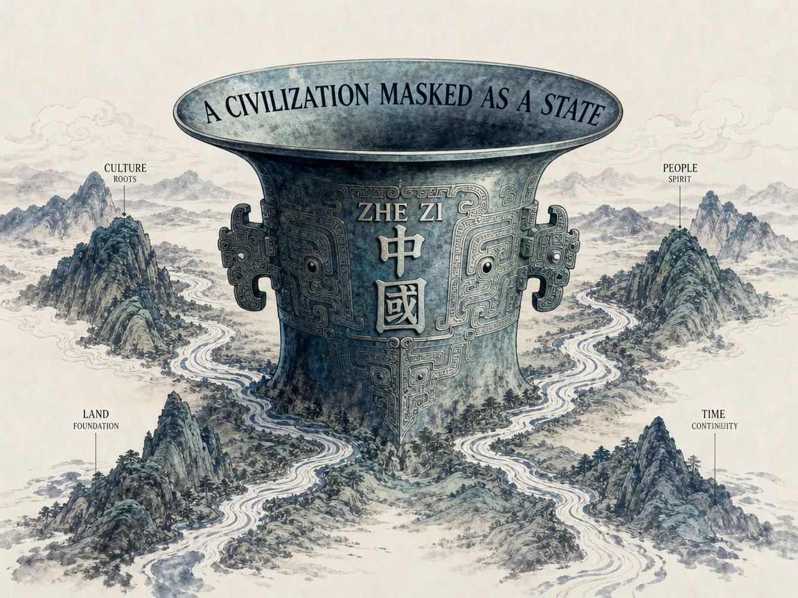Ancient bronze ritual vessel He Zun gleaming with archaic characters Zhe Zi Zhong Guo, anchoring four corners of sweeping mountain valleys and converging rivers in rich Prussian blue metallic wash, subtle sage green patina glow, and expansive Xuan paper, illustrating a civilization masked as a state, revealing that China's primary continuity is cultural and ethical rather than purely administrative on ChiDestiny