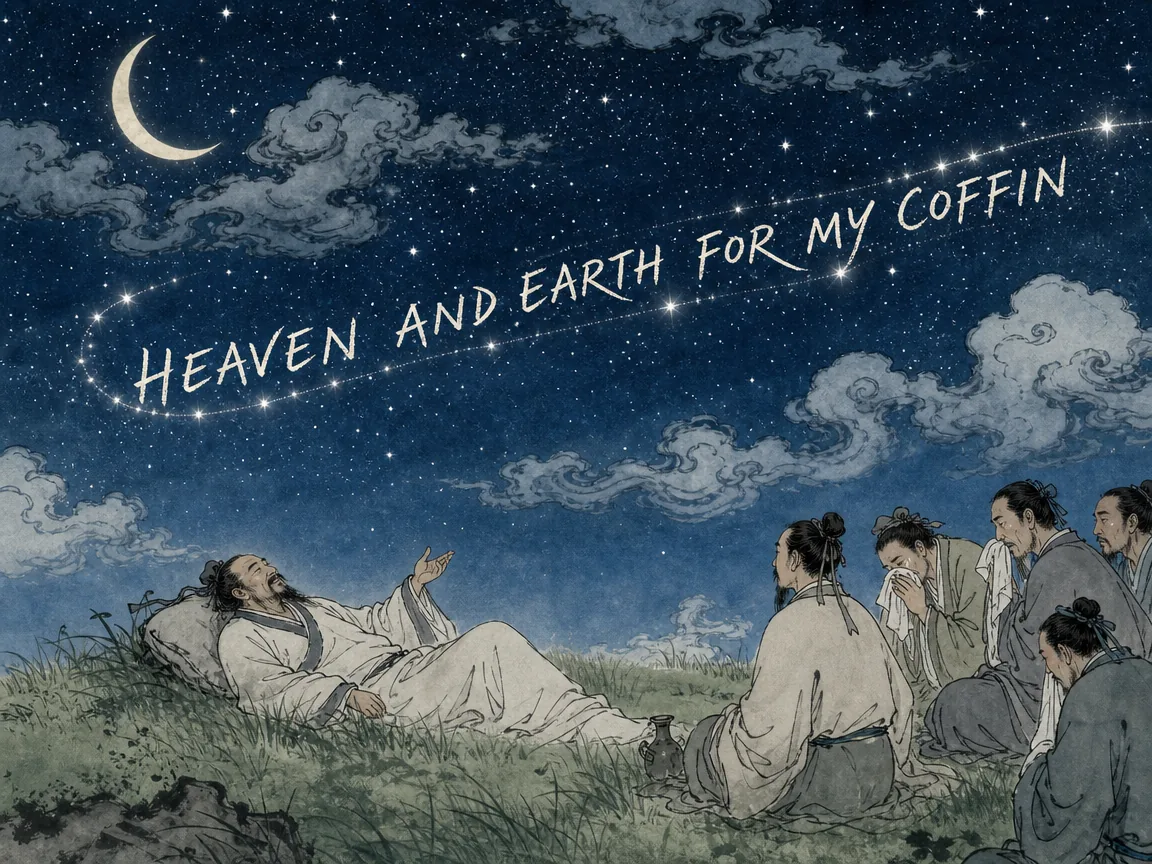 transcendent dying wish, Zhuangzi lying peacefully on an open grass meadow under a glorious canopy of twinkling stars, crescent moon in contemporary literati Chinese ink cartoon style with Prussian blue ink wash, sage green accents, and Xuan paper negative space, illustrating heaven and earth for my coffin, embodying 庄子将死，弟子欲厚葬之；庄子笑曰'吾以天地为棺椁，以日月为连璧，星辰为珠玑，万物为赍送，吾葬具岂不备邪？'超然物外的大化遗容 on ChiDestiny