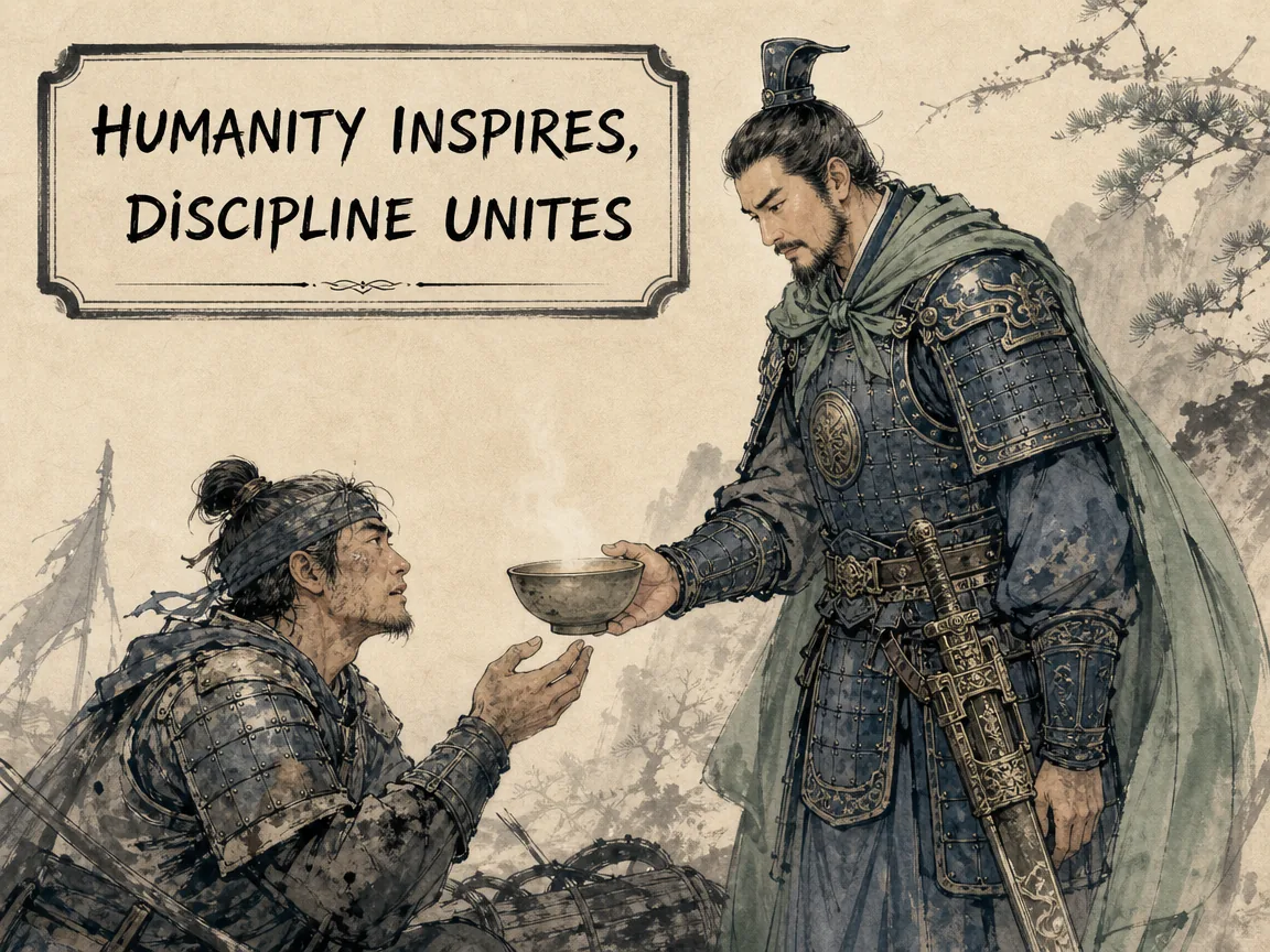 an honorable general extending one hand with a warm comforting bowl of broth to a weary soldier while wearing an unyielding ceremonial bronze sword of strict rule of law at his hip, perfect synthesis of empathy and rigorous order, Prussian blue armor lines in contemporary literati Chinese ink cartoon style with Prussian blue ink wash, sage green accents, and Xuan paper negative space, illustrating humanity inspires, discipline unites, embodying 一位慈祥如父的将领一手递上热气腾腾的饭汤关怀伤卒（文），一手佩带严正法纪腰牌督率军阵队列整肃（武） on ChiDestiny
