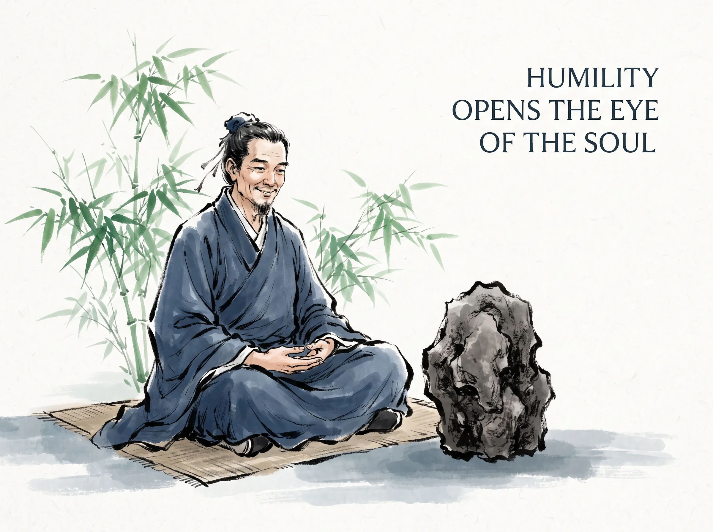 a smiling scholar seated cross-legged on a simple rush mat, hands resting peacefully beside a raw textured garden stone that emanates quiet dignity, deep Prussian blue robes and subtle garden shadows in contemporary literati Chinese ink wash in deep Prussian blue and sage green with ample Xuan paper negative space, illustrating humility opens the eye of the soul, embodying 放空预设立场的文人席地而坐，倾听一块粗糙璞石的无声呼吸，以审美谦逊接纳不完美与岁月留痕，发现拙朴之大美 on ChiDestiny
