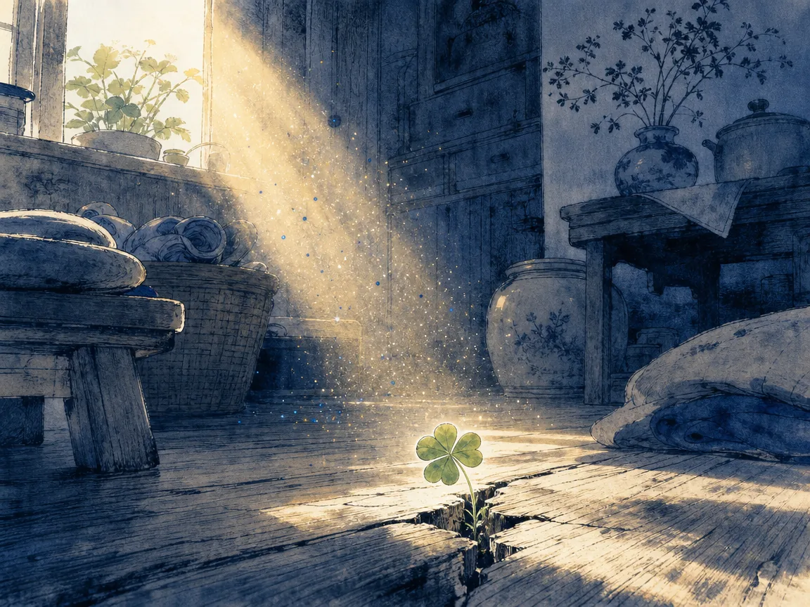 Warm golden sunbeam illuminating floating dust particles above a cleanly swept flagstone floor beside a straw broom in poetic chiaroscuro interior wash contrasting rustic domestic stone with luminous golden dust light, illustrating Zhuangzi's insight that the sacred Way permeates the humblest domestic details and ordinary labor on ChiDestiny